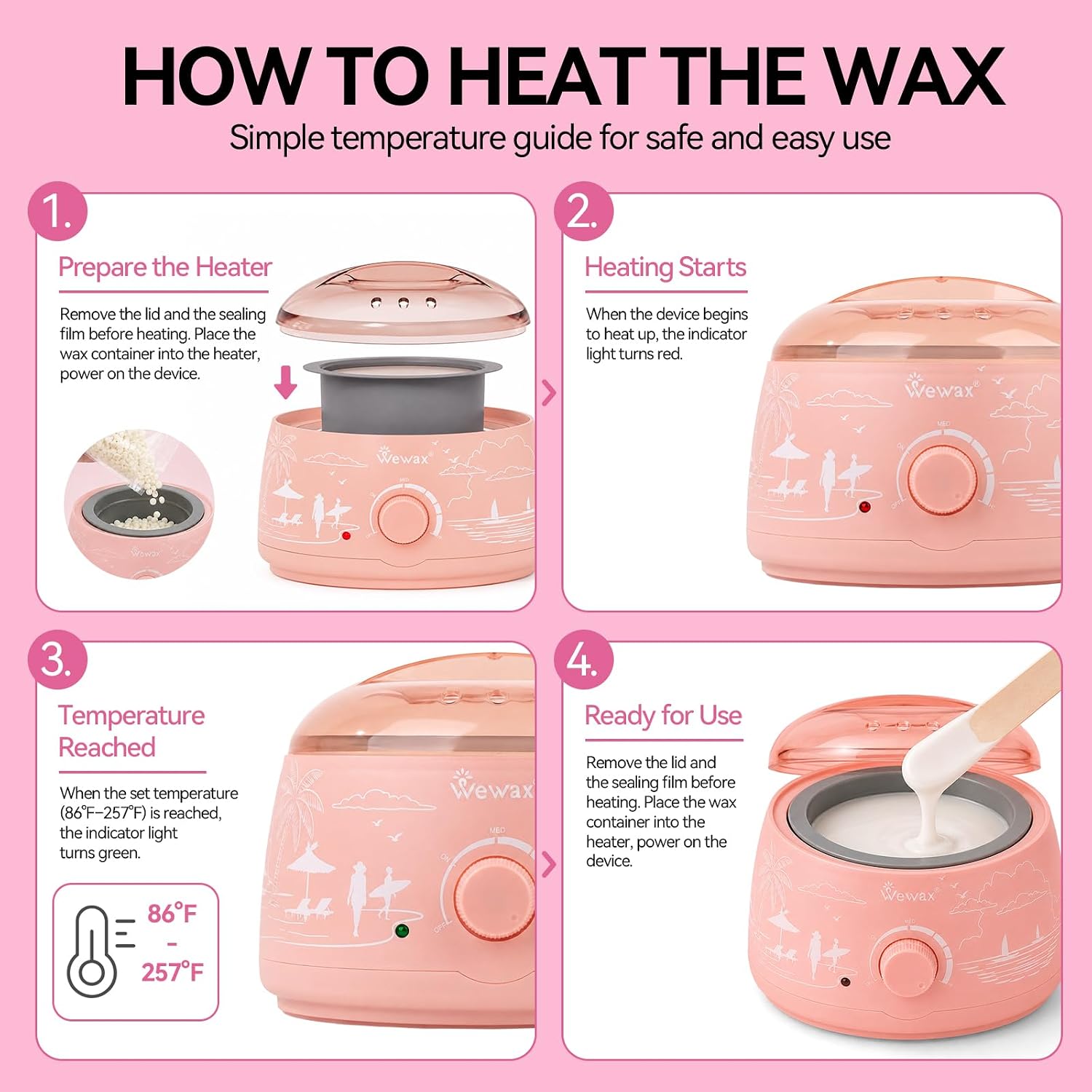 Waxing Kit for Hair Removal - Beginner Friendly Wax Warmer with 6 Bags Hard Wax Beans Freesia & Milk & Aloe, Ideal for Body, Bikini, face, Home Salon Use - Pink Beach