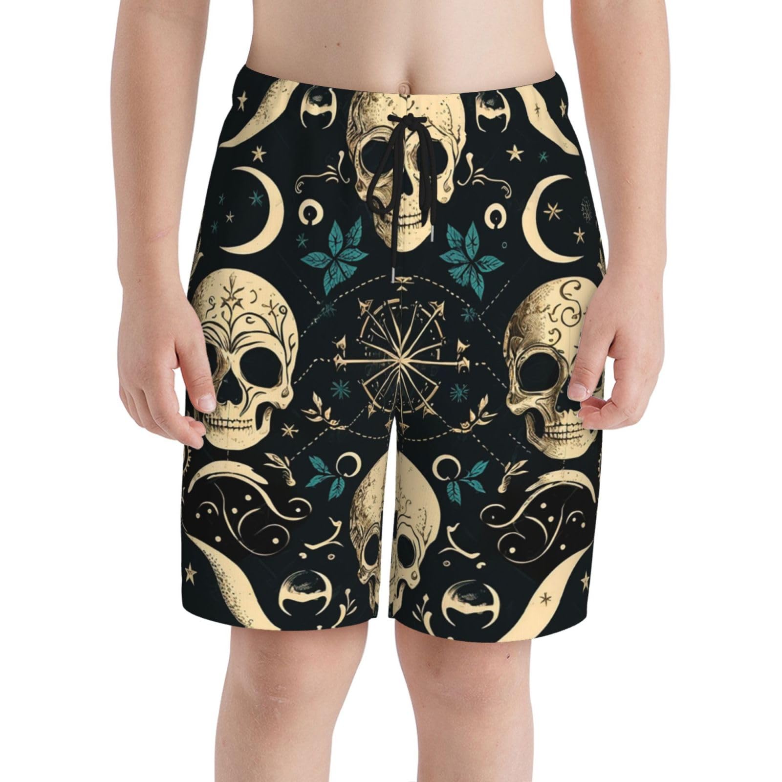 HERRECX Skull Abstract Moon Phases Mystic Vintage Boys Swim Trunks Swim Board for Teen Kid Shorts Surf Swimming Beach Trunks X-Large Black