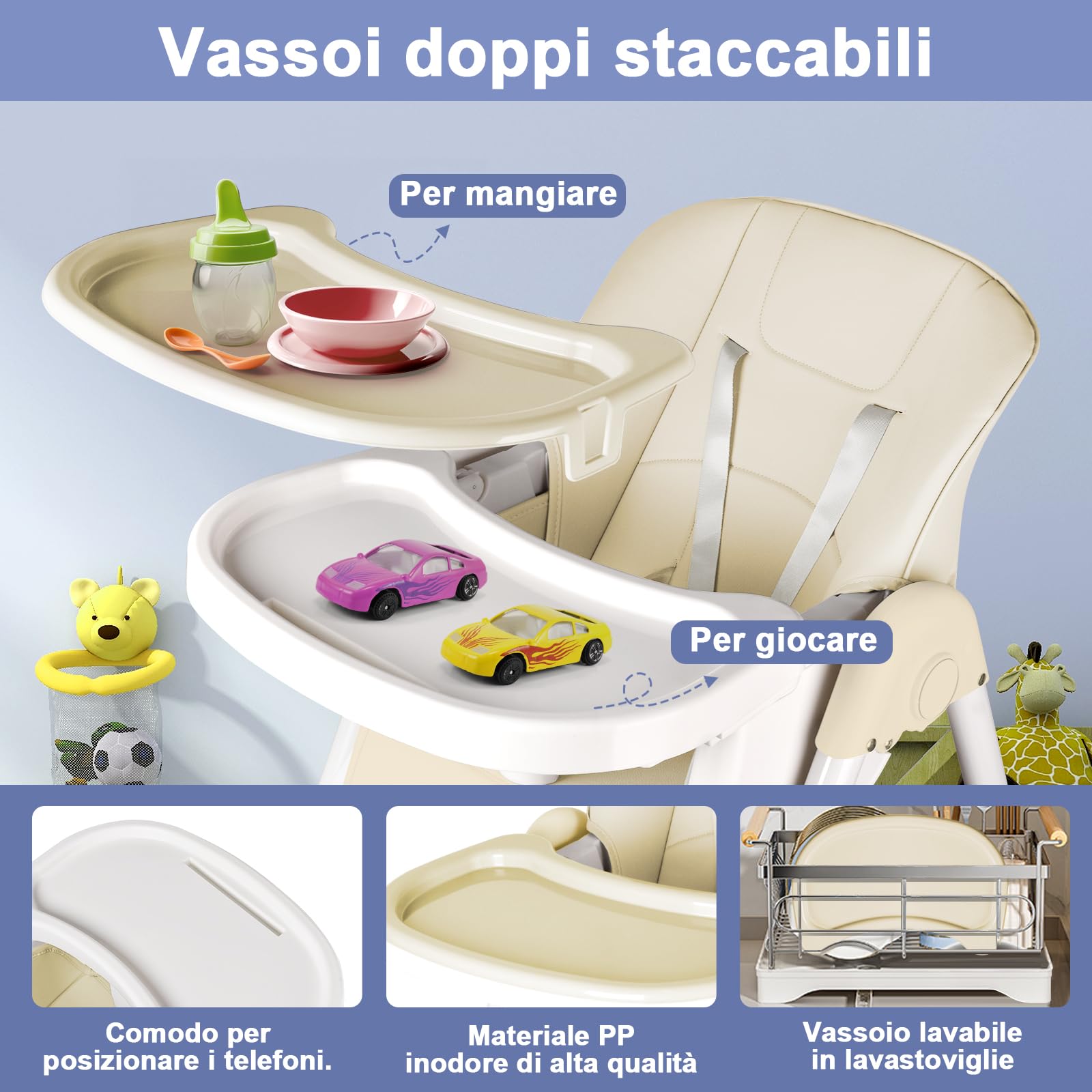 Seggiolone Pappa Portatile, Seggiolone Evolutivo con Vassoio Doppio Rimovibile, Altezza/Poggiapiedi/Schienale Regolabili, per Bambini da 6 Mesi a 6 Anni