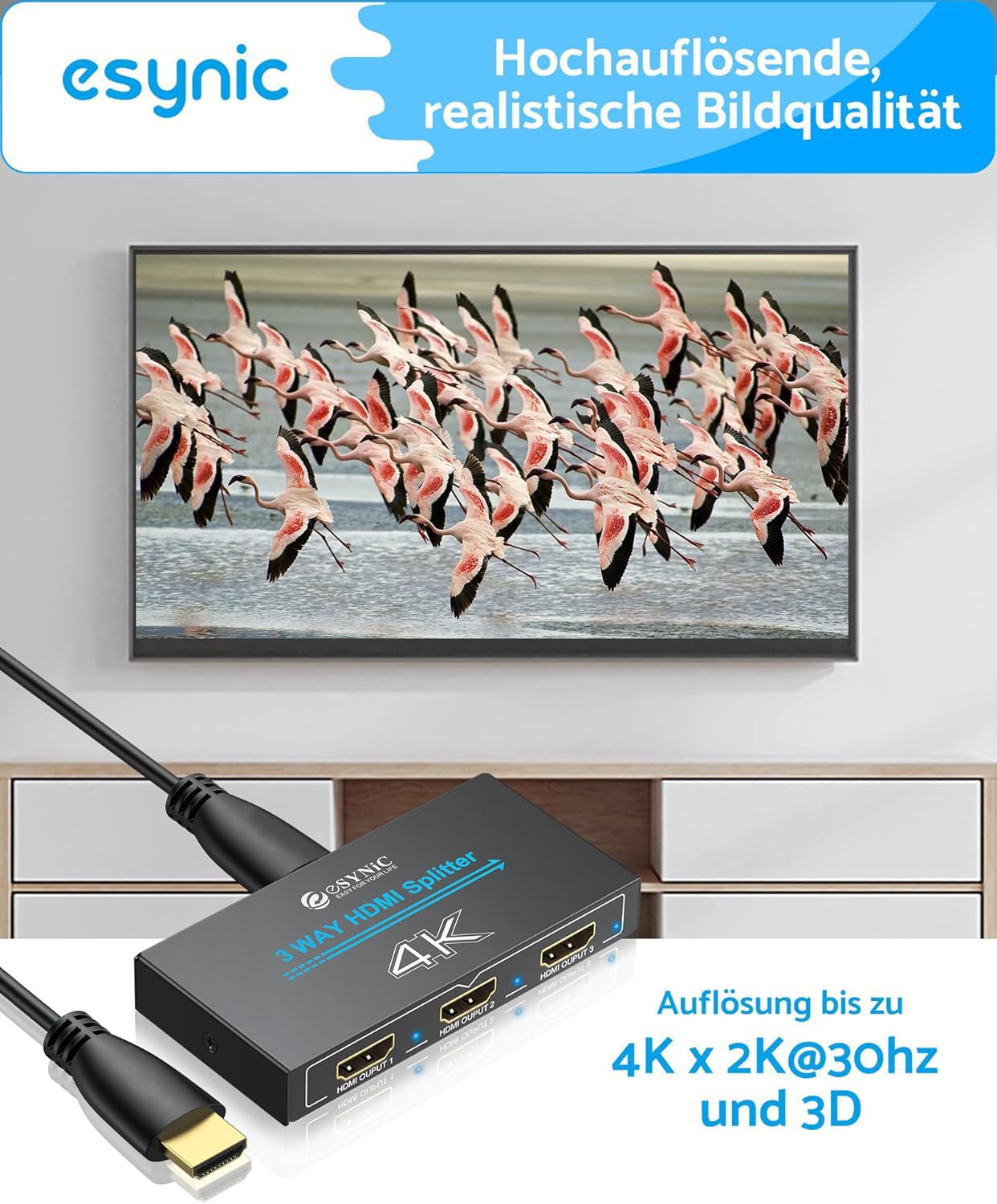 eSynic 4K HDMI Splitter Verteiler 1 in 3 Out – Metallgehäuse, HDCP 1.4, Dolby/DTS Unterstützung, 3D Kompatibilität, für PS4, Laptop, Blu-ray, HDTV – Nur Spiegelmodus, kein Erweiterungsmodus