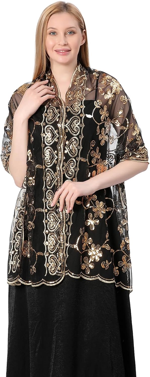 Shawls and Wraps for Evening Dresses,Women Formal 1920s Sequin Flower Sheer Shawls and Wraps for Wedding- - Image 3