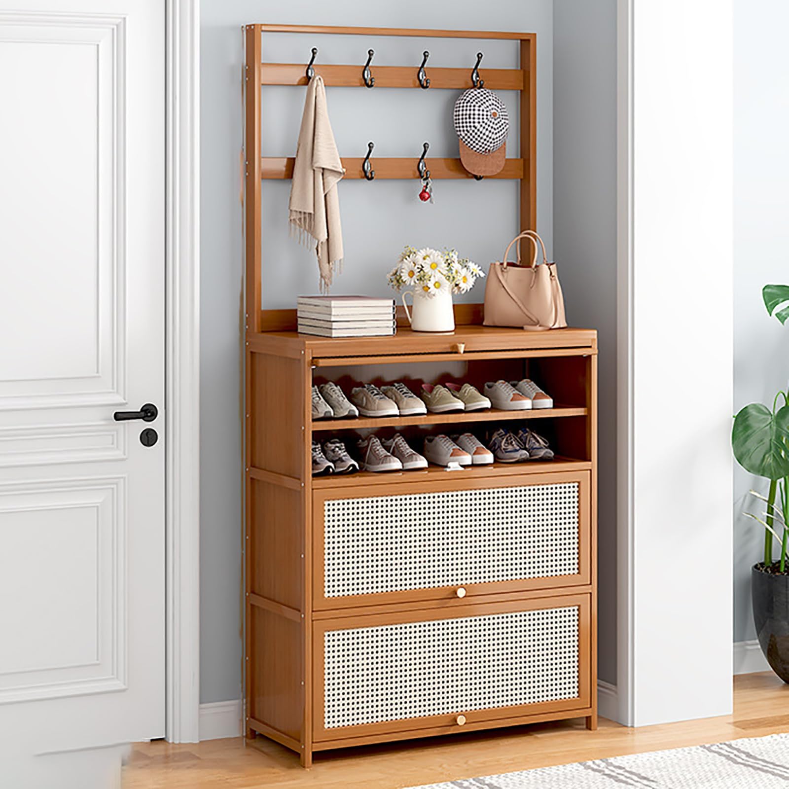 Aioneer Slim Shoe Cabinet For Entryway And Bedroom Brown Shoe Rack Storage Cabinet For Living Room Dorm And Small Apartment,Wood Color 70Cm/27.6In-Brown-70cm/27.6in