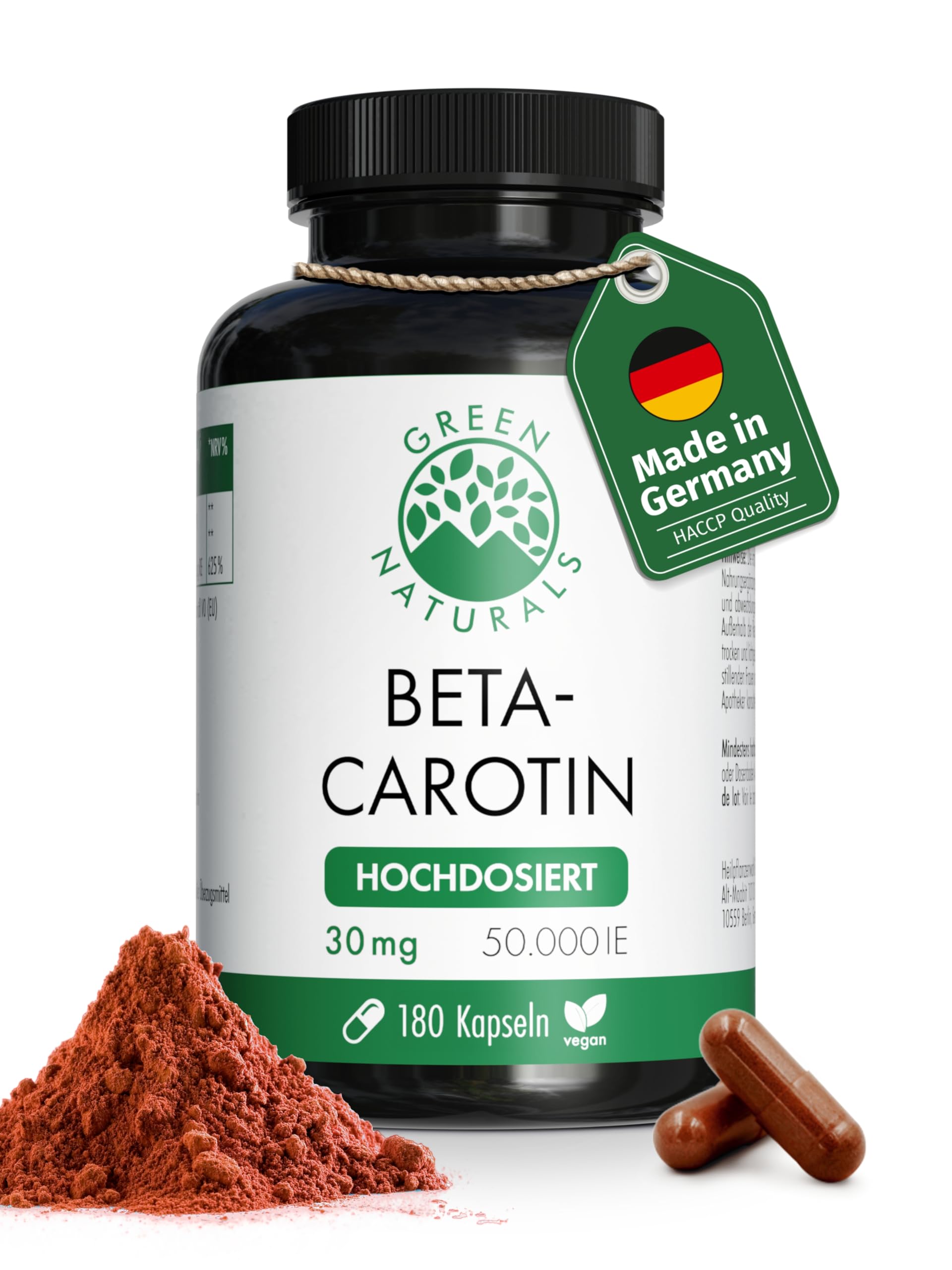 Green Naturals Beta-Carotin – Hochdosiert: 300 mg (50.000 IE) – 180 Kapseln | Aus Mikroalge Dunaliella salina · 6-Monatsvorrat