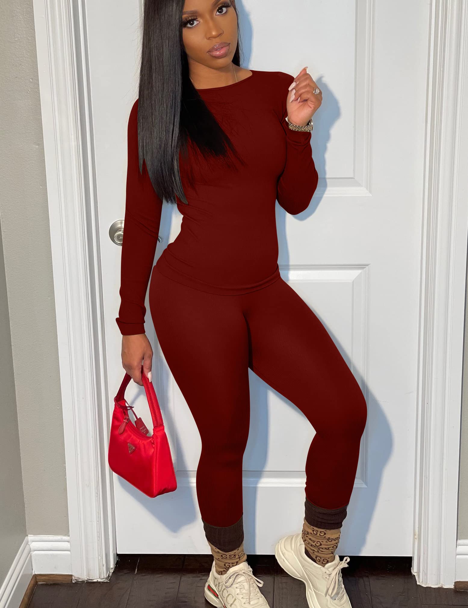 BORIFLORS Damskie 2-częściowe stroje treningowe z długim rękawem top jogger legginsy zestawy, czerwony (wine red), L