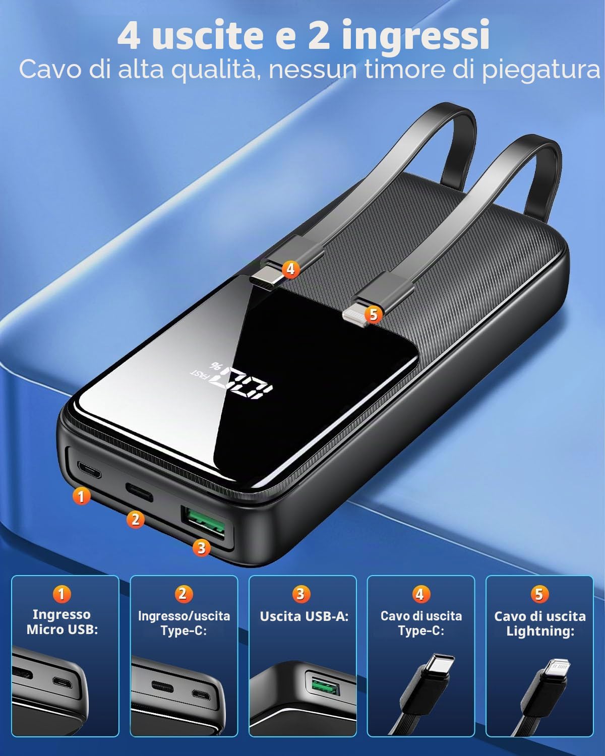 Power Bank Carica Rapida, 26800mAh Caricatore Portatile, Nero Opaco | Cavi Integrati USB-C&iOS, Carica 4 Insieme, Display LED, Powerbank 22.5W Compatibile con iPhone 17/16 Android, TSA Approvato