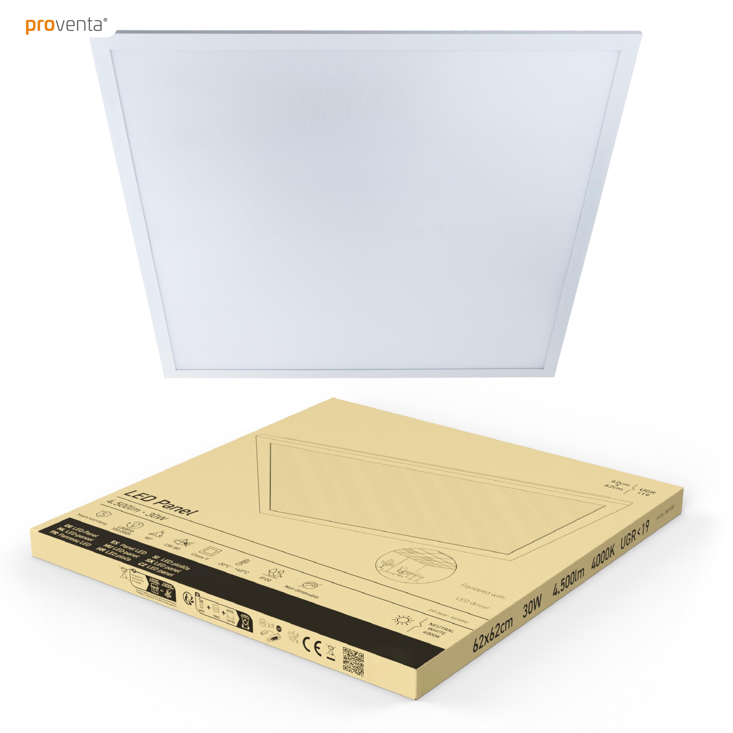 Proventa 30W LED Panel 62x62 cm (5er Set) – UGR<19 BAP-konform & 4.500 Lumen (150lm/W) – Marken-Netzteil & 100.000h – Flimmerfreie Rasterleuchte Neutralweiß 4000K