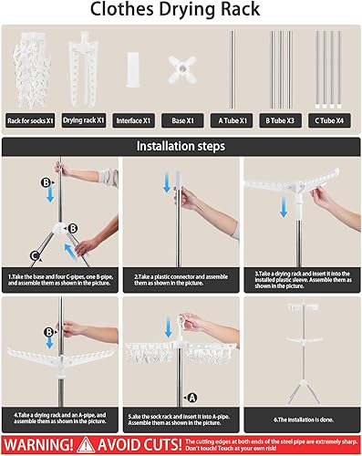 Miniatura 7 de Tendedero plegable para ropa  Estante de secado de ropa de 2 niveles, perchero portátil con barra giratoria para ropa con 24 clips y 3 brazos