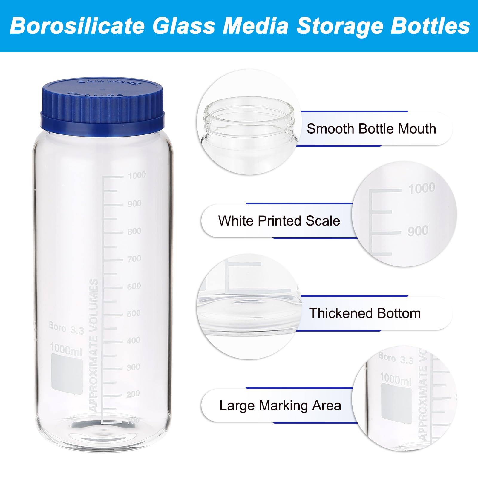 PATIKIL Confezione da 4 bottiglie rotonde per reagenti, in vetro borosilicato da 1000 ml, a bocca larga, graduate, con tappo a vite GL32 blu, per liquidi reagenti d'acqua di laboratorio, trasparenti