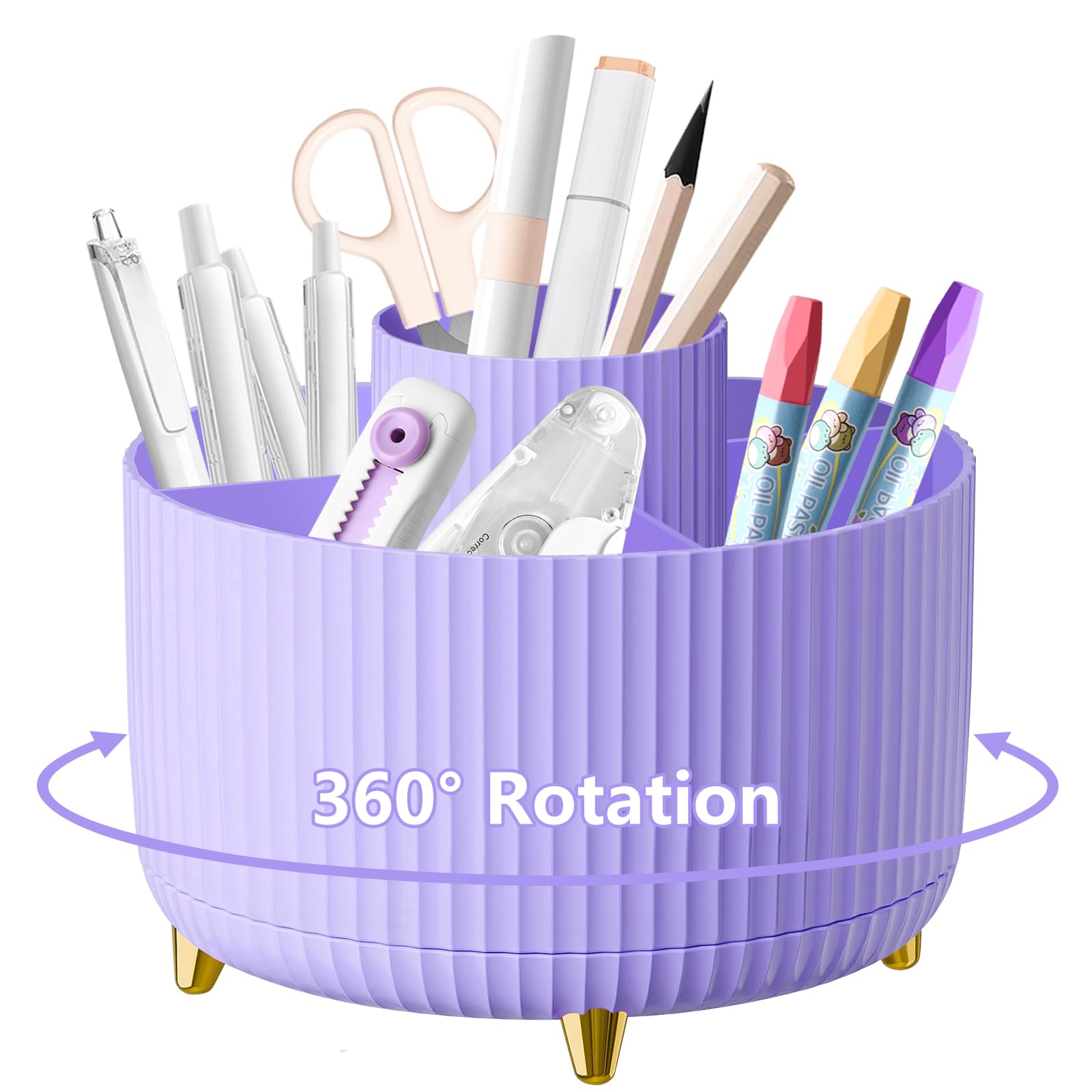 Desk Organiser, 360°Rotating Pen Holder Pen Pot, Makeup Brush Holder with 5 Compartments, Desktop Storage Stationery Supplies Organizer, Pencil Holders for Desk Tidy Home Office School (Purple)