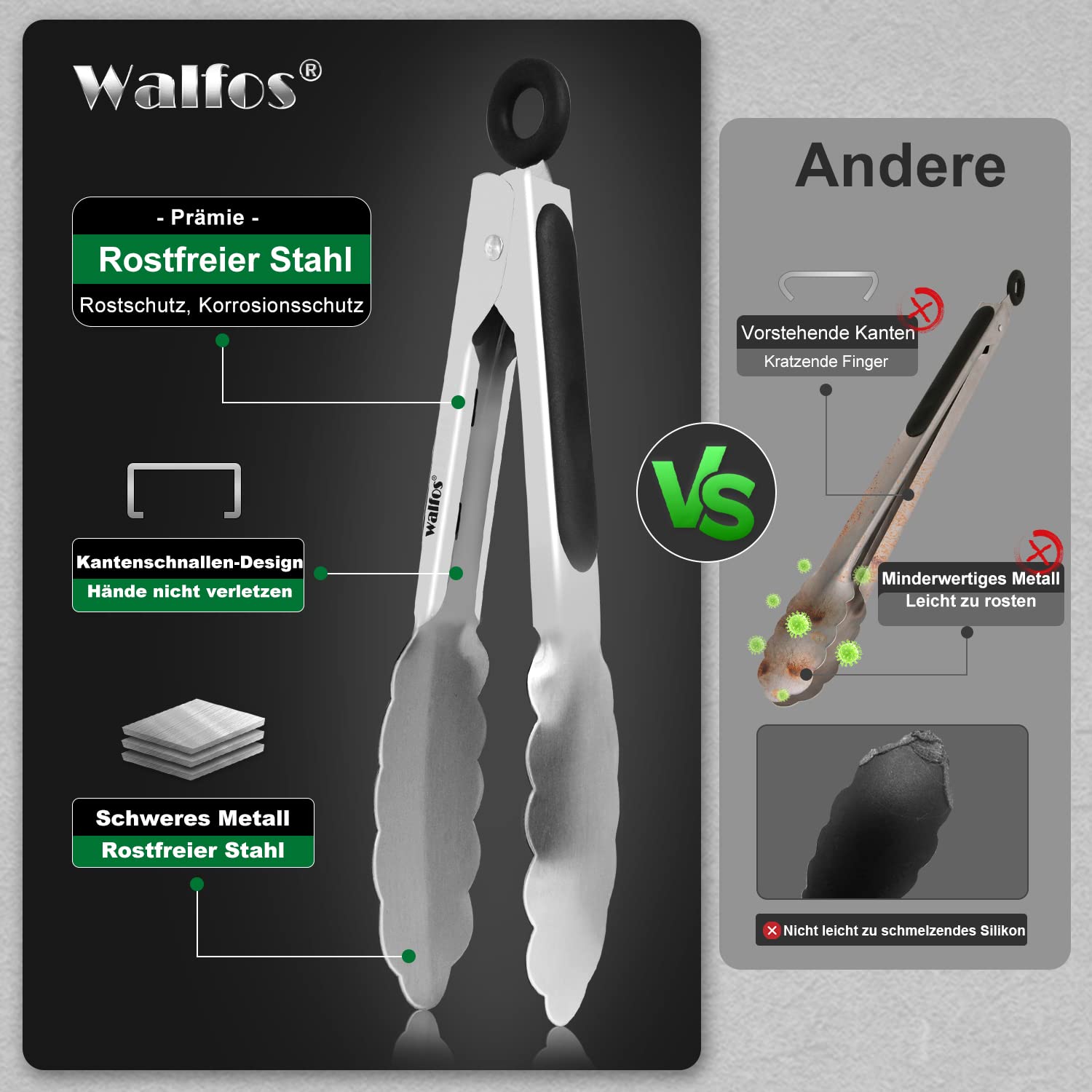 Walfos Pinza Da Cucina 7 Pollici In Acciaio Inox – Antiaderente, Ergonomica E Resistente Al Calore, Perfetta Per Grigliate E Insalate