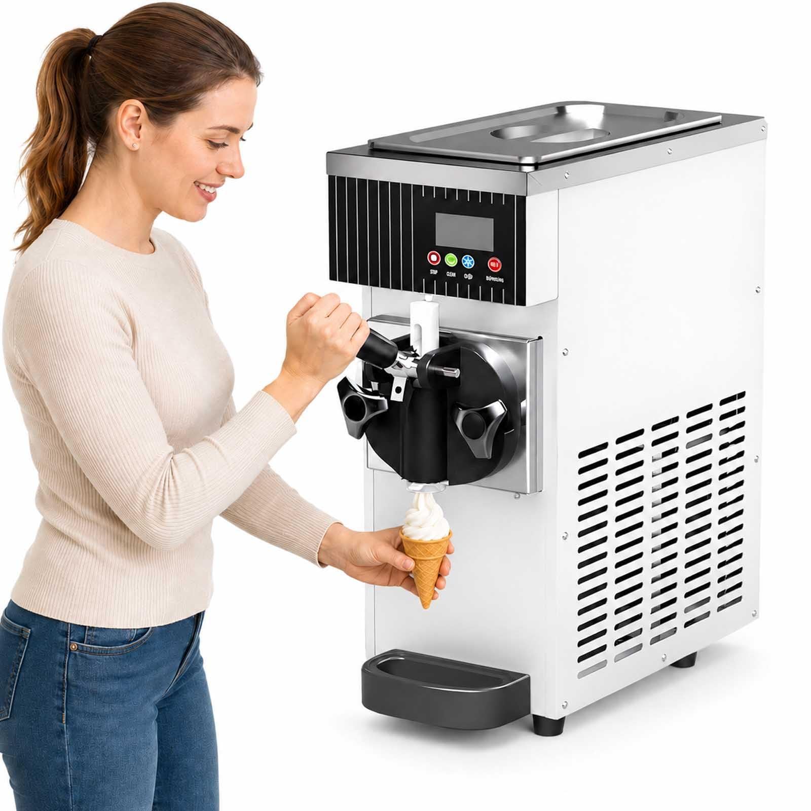 Máquina comercial de helado de 450 W, máquina de helado de un solo sabor, salida de 4-5 kg/h, tolva refrigerada de 3,5 l, tanque de congelación de 1 l, limpieza automática, panel LCD blanco