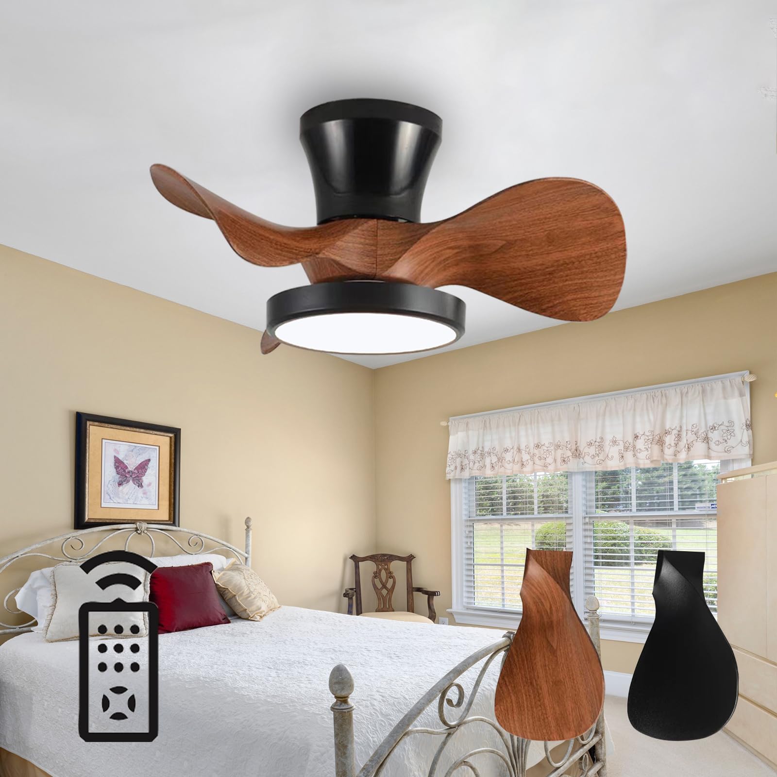 SXDMOUBK Walnut Color Dimmable Ceiling Fan with LED Light Remote Control Reversible Silent DC Motor Ideal for Small Rooms Modern Indoor Chandelier
