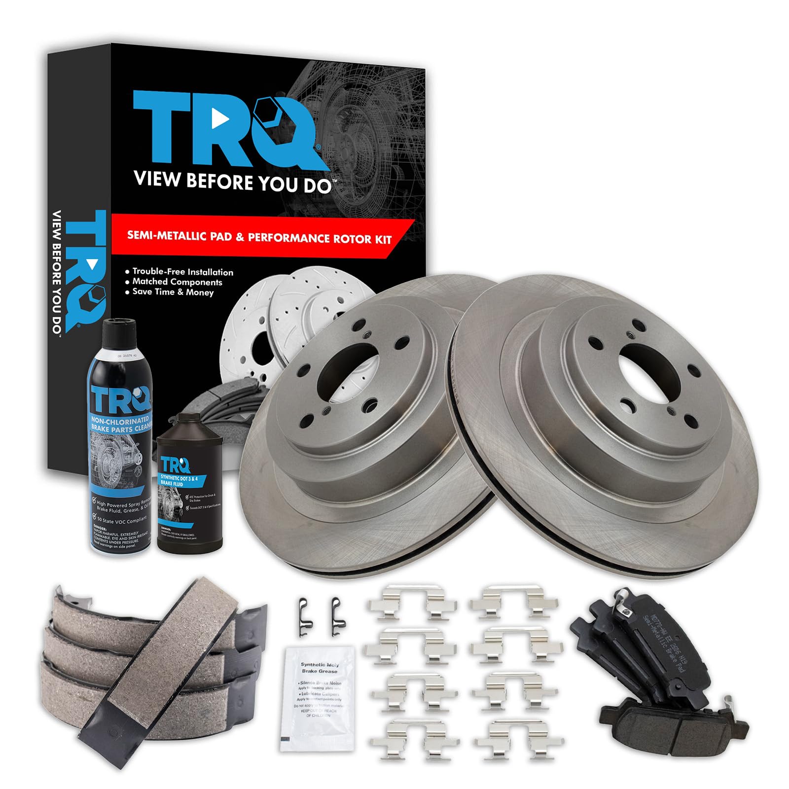 TRQ Rear Brake Pad &amp; Rotor Kit, with Chemical Kit Parking Brake Shoe Set Semi-Metallic Compatible with 2005-2009 Subaru Legacy