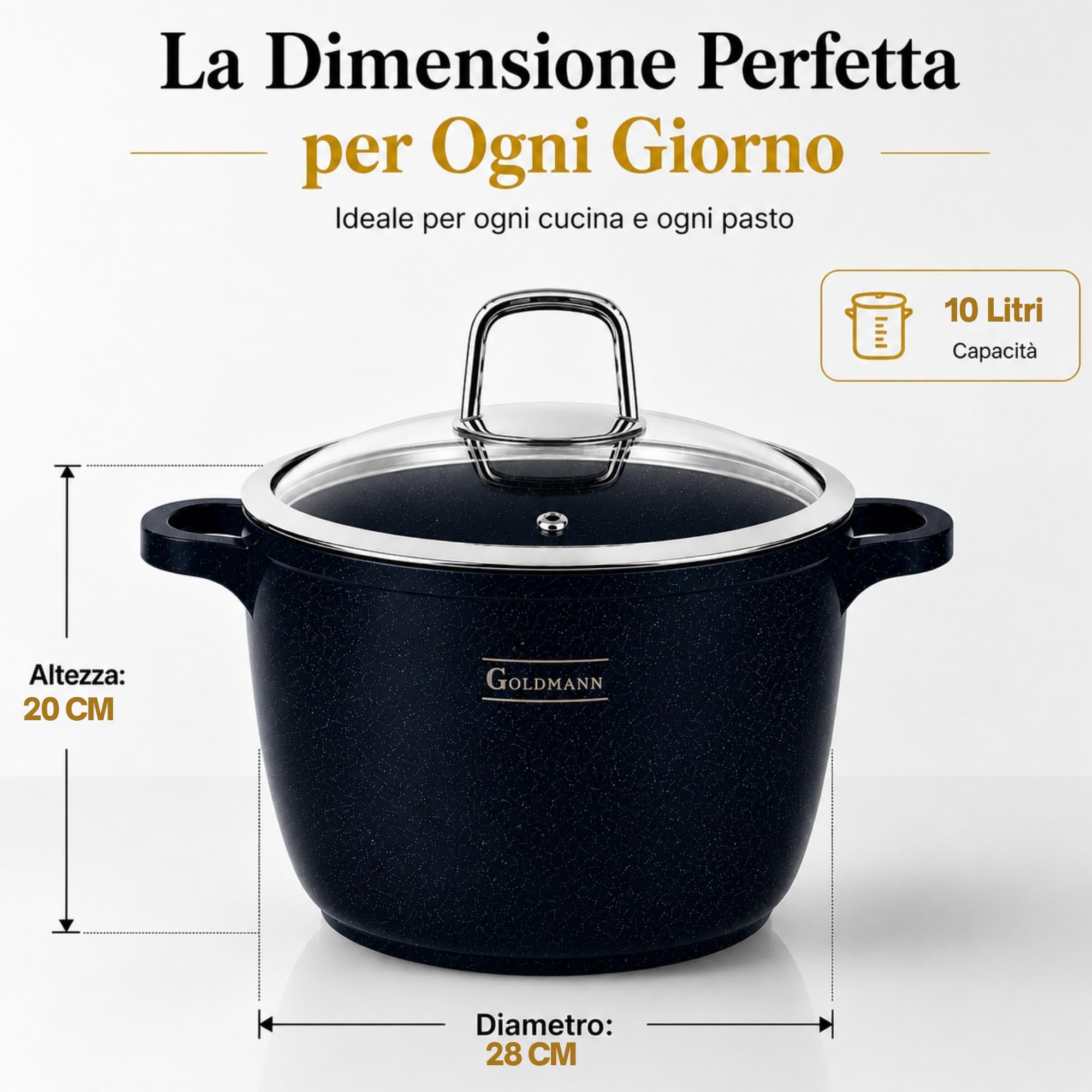 GOLDMANN pentola alluminio pressofuso da 28 cm e 10 L con rivestimento antiaderente in ceramica effetto marmo, coperchio in vetro, adatta a piani cottura a induzione e forno, senza PFOA.