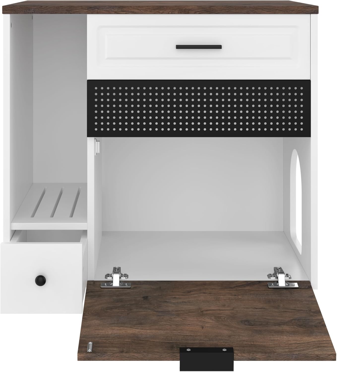 Modern Cat Litter Box Furniture Cabinet, White and Brown, MDF with Iron Frame, 31.8x22x31.8 Inch, Hidden Drawer Storage, Indoor Pet House End Table