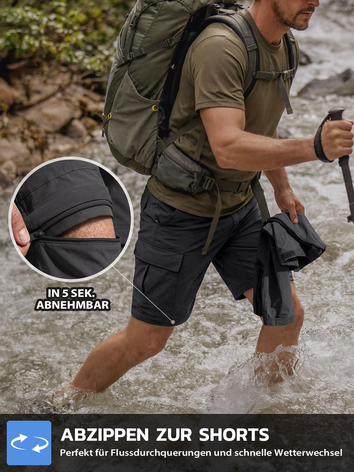Hiauspor Pantaloni da Escursionismo da Uomo con Zip, Pantaloni da Esterno Leggeri, ad Asciugatura Rapida, Traspiranti per Trekking, Pesca, Campeggio