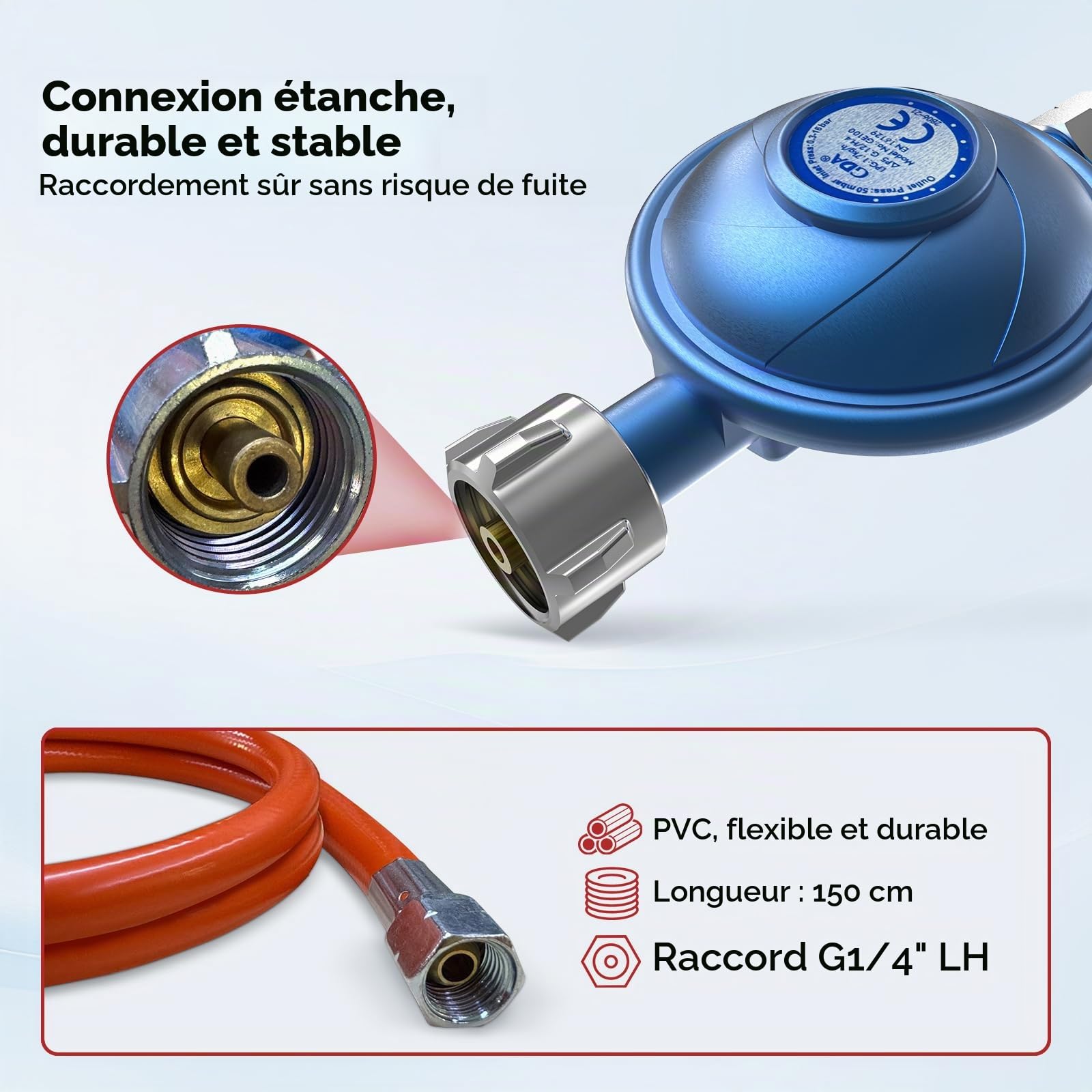 CAMPLUX GE100B Détendeur de Gaz 50mbar avec Tuyau de 150 cm, W21,8 × 1/14" LH vers G1/4"-LH, Débit de 1,7 kg/h, Régulateur de Gaz pour Barbecue, Réchaud et Chauffage