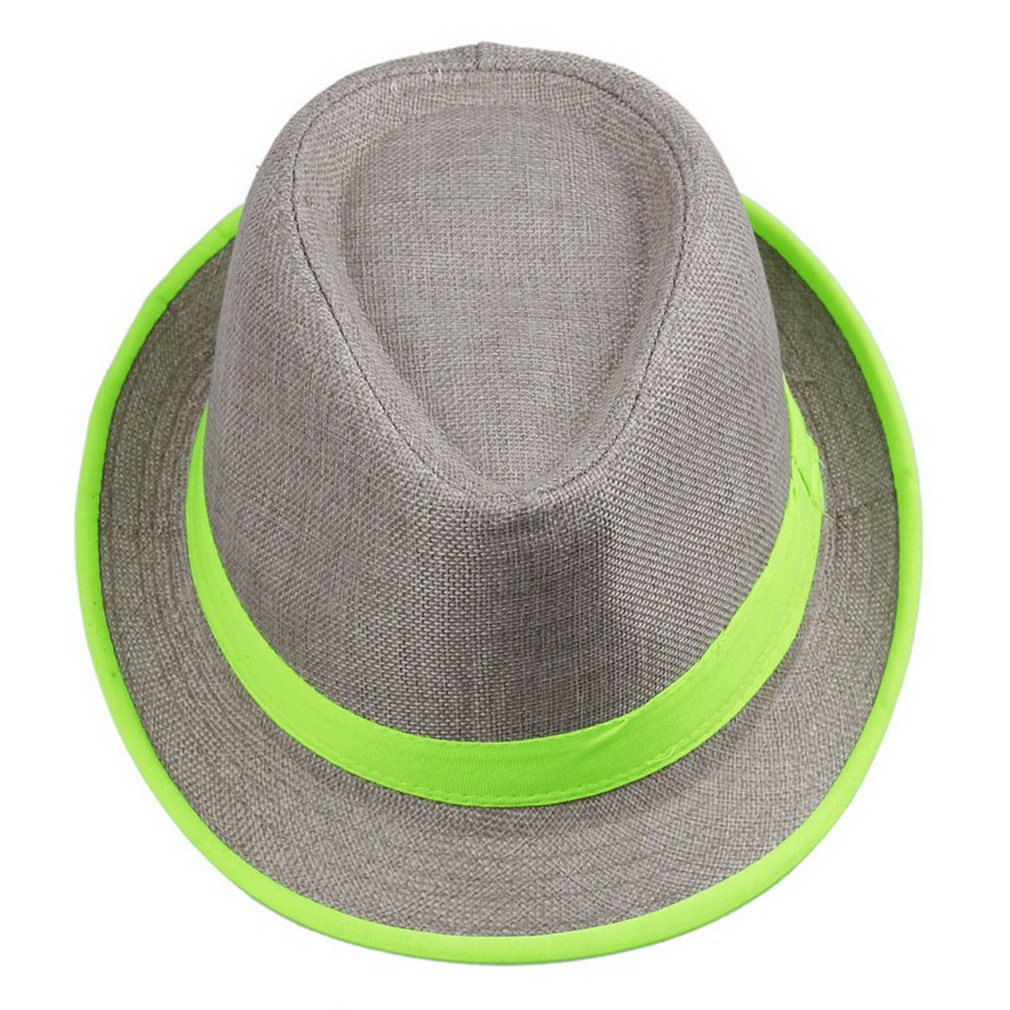 Comvip Women's Green Stripe Neon Brim Stripe Straw Hat Fedora Sun Trilby Cap Green