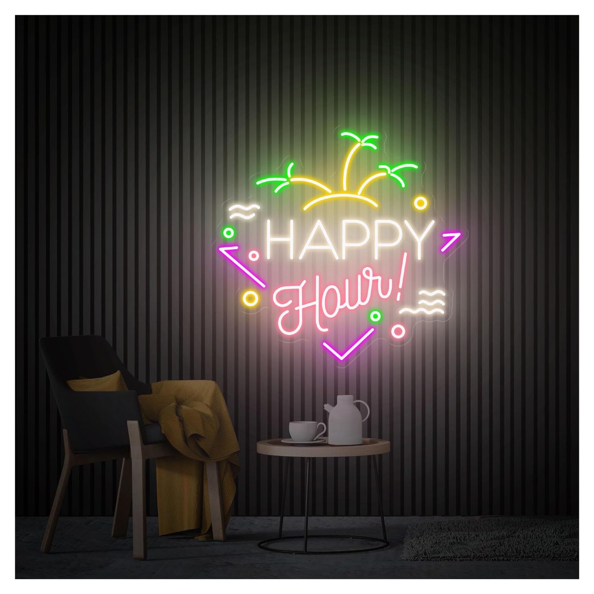 RONGCH Hanging Art Signs Happy Hour Neon Sign,Suitable for Beach House Wall Decor with Dimmable 48cmx50cm(E)