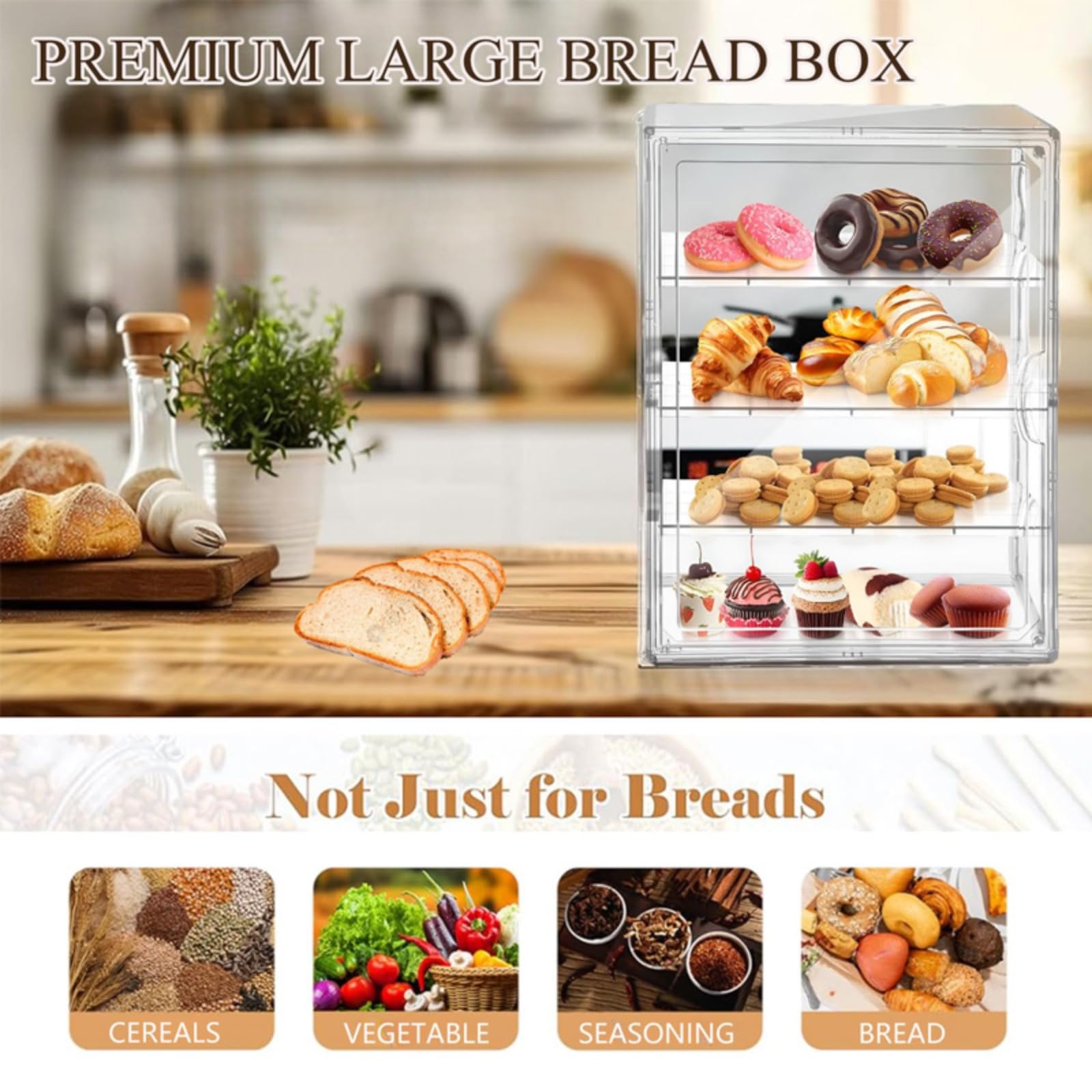Vitrina de repostería para pan, caja de acrílico para donas, pasteles, pasteles, postres, magdalenas, galletas, para encimera de cocina, almacenamiento de pan transparente ajustable de 4