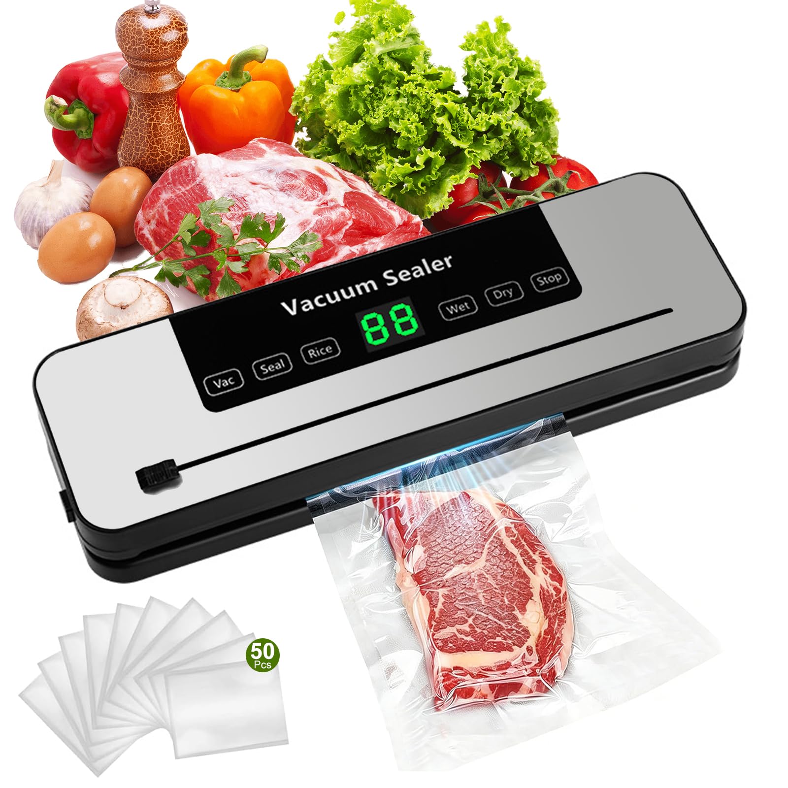 Macchina sottovuoto, con luce UV 80 KPa, con display digitale, per cucina, casa, caccia e pesca, coltello da taglio integrato, saldatura termica, 50 sacchetti pretagliati in omaggio