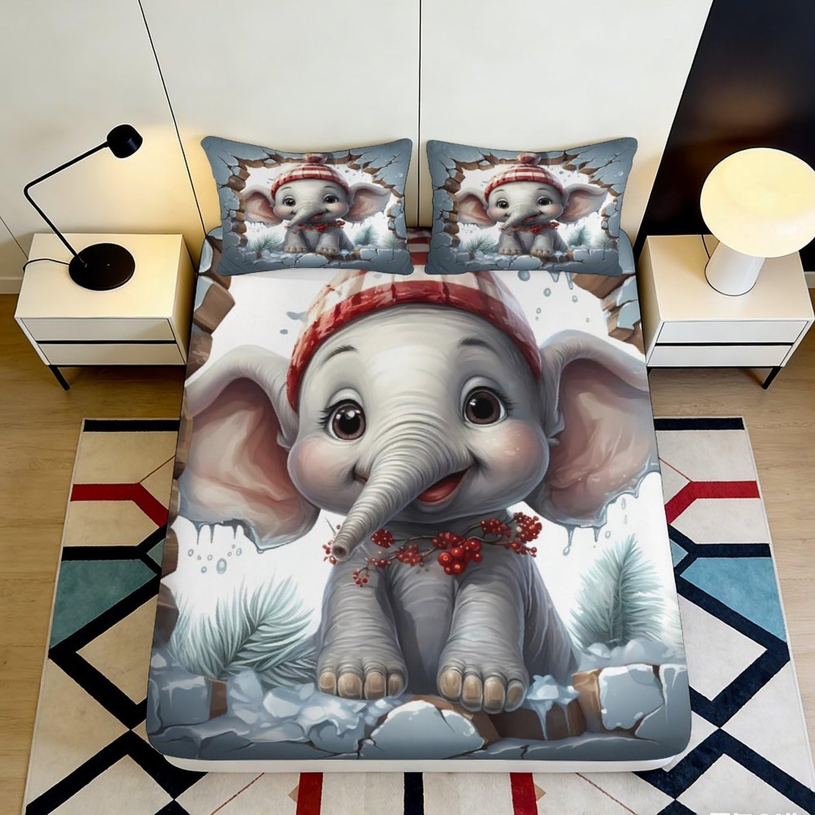 3D Printed Cute Elephant Fitted Sheet Microfiber Soft Breathable Cartoon Animal Mattress Cover for Bedroom Dorm Protection Decor 160x200x25cm
