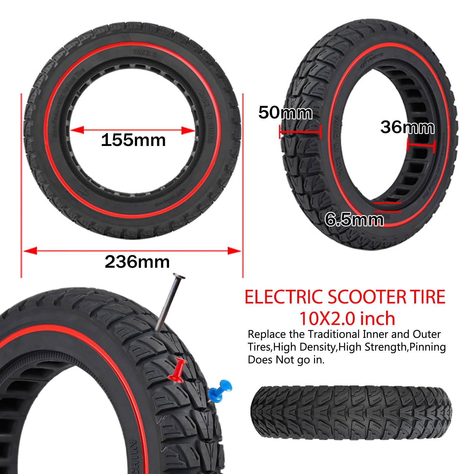 10 Pouces Pneu Plein Trottinette 10x2.0-6.5, Pneu Trotinette Electrique 36mm Rainures, 10” Roue Scooter, 10 Pouces Roue Increvable Trotinette Electrique, Wheel Tubeless Scooter