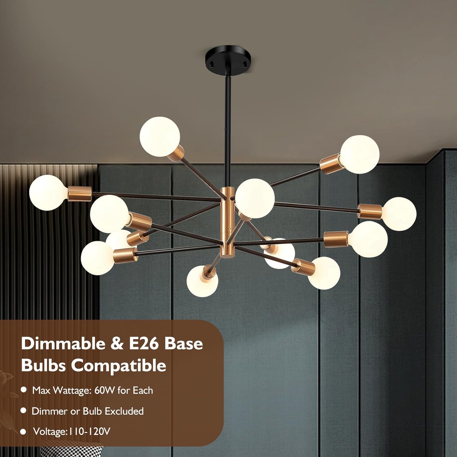 12-Light Black and Gold Sputnik Metal Chandelier