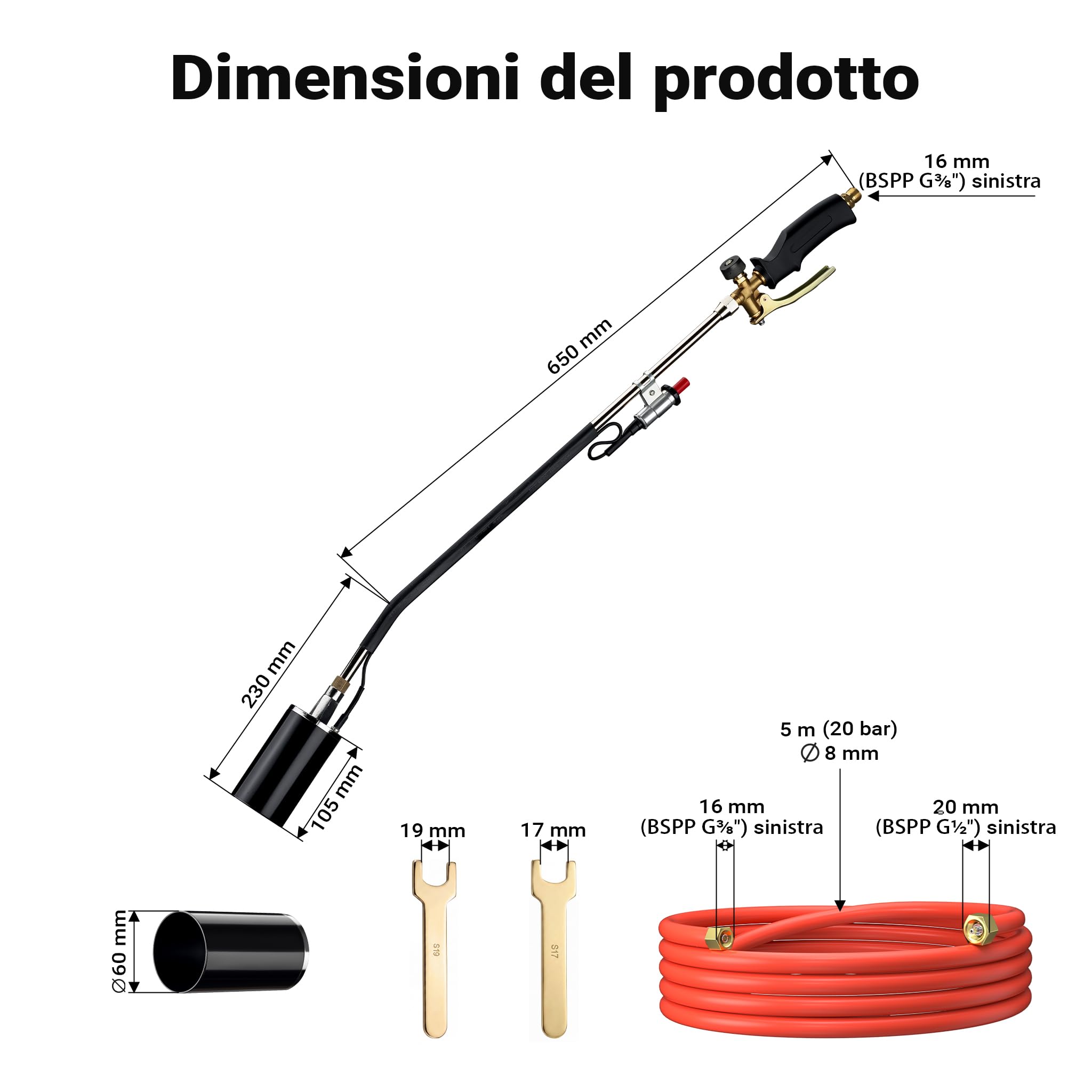 Wiltec Bruciatore erbacce con accensione piezoelettrica fino a 1850 °C, diserbante a gas da 120 kW, strumento per bruciare le erbacce, bruciatore per tetti con tubo flessibile da 5 m