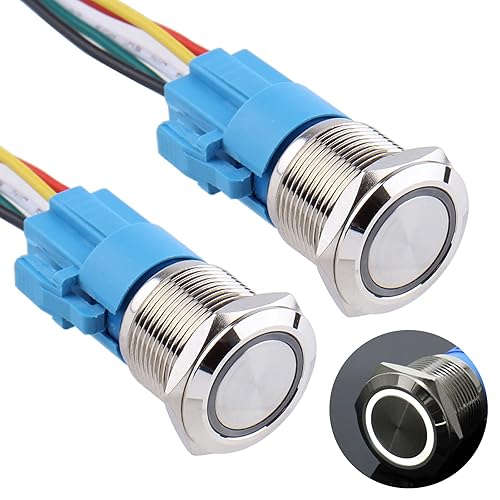 DMWD 2 interruptores de botón con pestillo de 0.748 in, impermeables, 12 V-24 V, anillo LED 1NO 1NC autobloqueante de metal redondo de 34 pulgadas