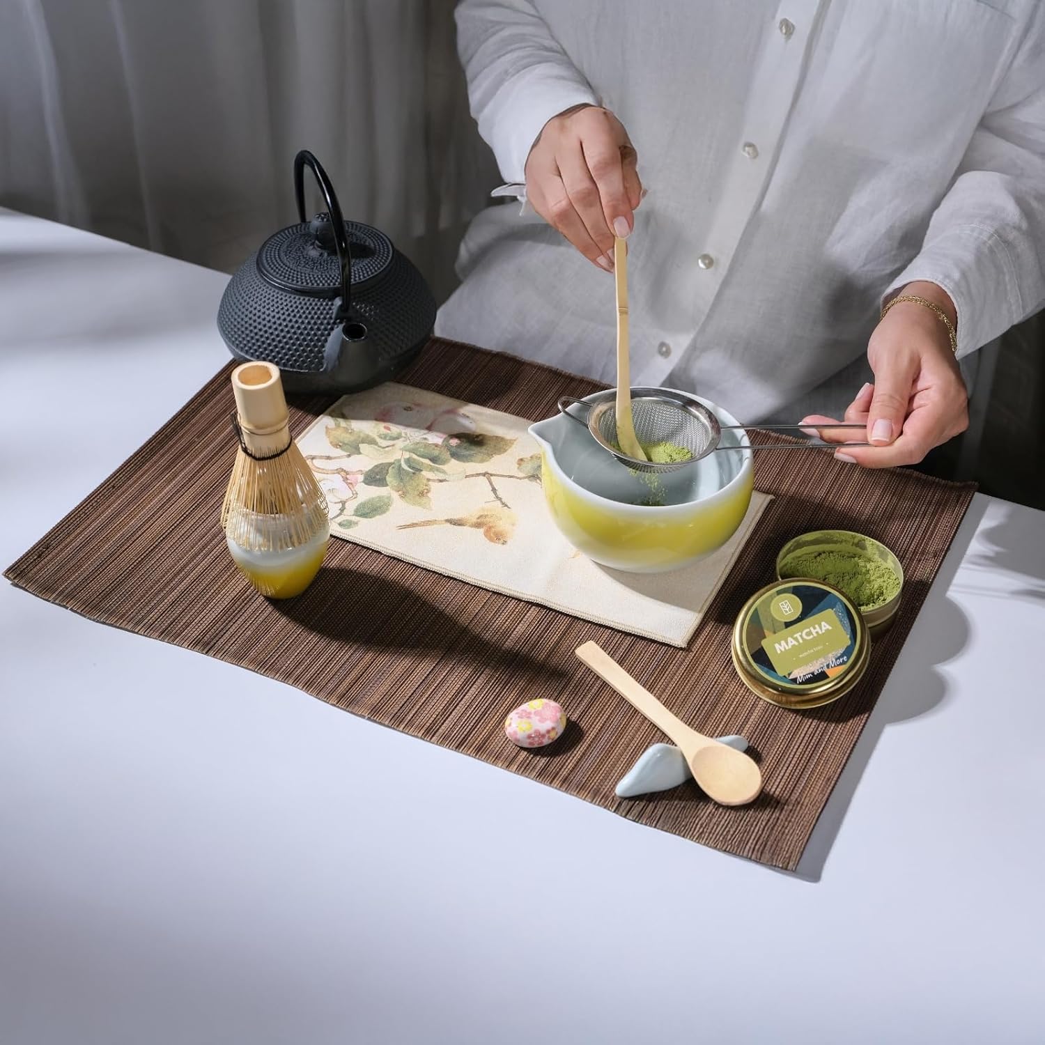 Matcha Set with Bowl – Japanese Matcha Whisk Set with Ceramic Matcha Bowl, Bamboo Whisk (Chasen), Matcha Sifter, Scoop, Whisk Holder, Bamboo Spoon & Tea Tray – Traditional Matcha Tea Ceremony Kit