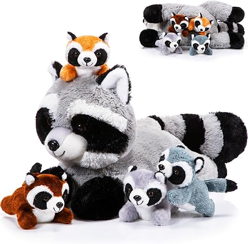 Harrycle Juego de 5 piezas de animales de peluche de mapache adorable mamá con 4 lindos mapaches en su barriga, suave peluche de mapache para niños Harrycle Juego de 5 piezas de animales de peluche de mapache adorable mamá con 4 lindos mapaches en su barriga, suave peluche de mapache para niños
