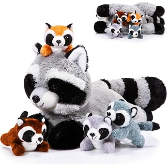 Raccoon Plush Toy Set Adorable Raccoon with 4 Babies in Belly Soft and Cuddly for Birthday Forest Party Decoration