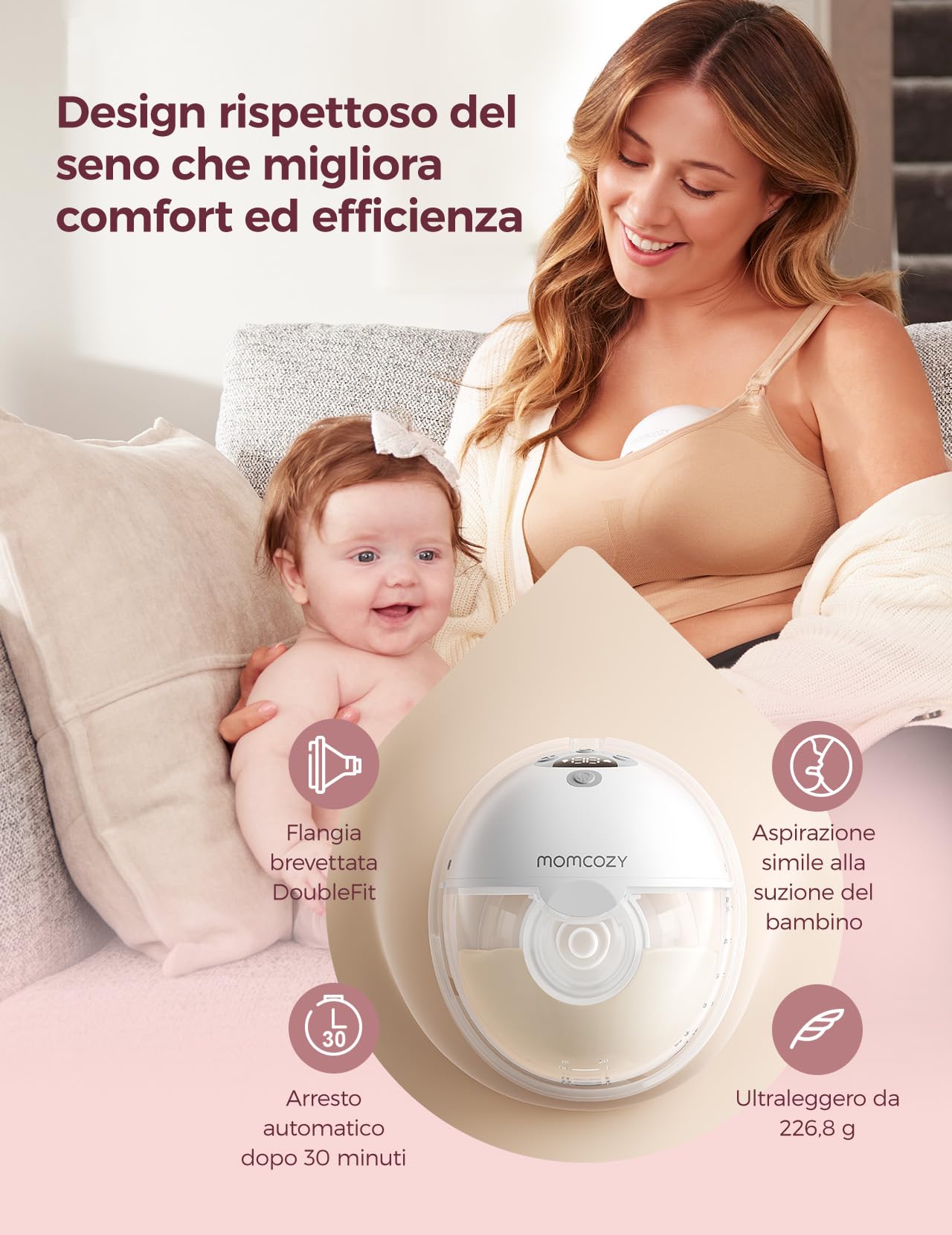 Momcozy Tiralatte Elettrico Indossabile M5 con App, Tiralatte Indossabile Della Bocca del Bambino Flangia a Doppia Tenuta con 3 Modalità e 9 Livelli, Tiralatte Elettrico Portatile, 24mm (1, Grigio)