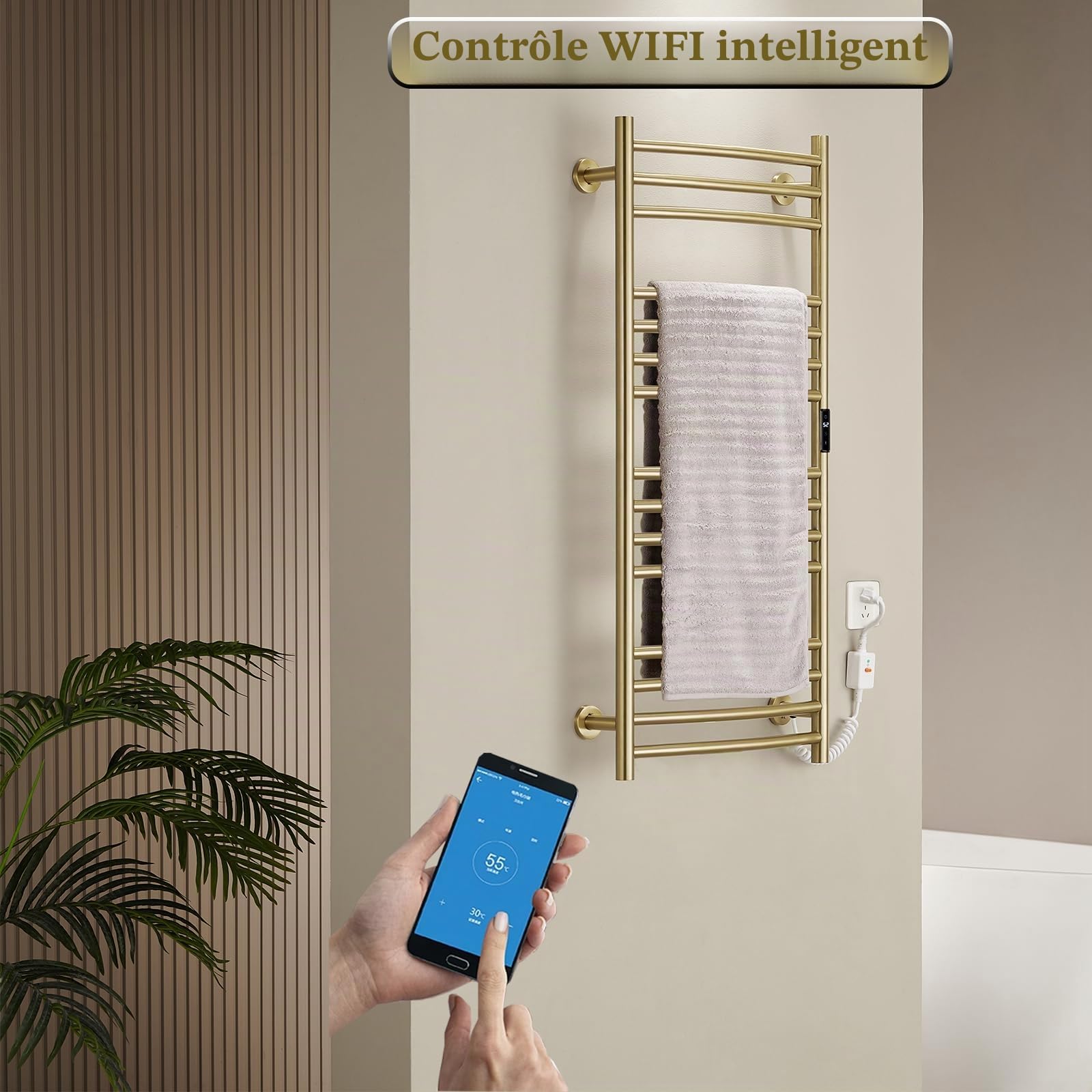 ESOP Sèche-Serviette Électrique Or Brossé 185 W Chauffe-Serviettes 110×60 cm WiFi Intelligent Porte-Serviettes Chauffant Électrique 15 Barres Courbes Commande Tactile à LED Radiateur de Salle de Bain