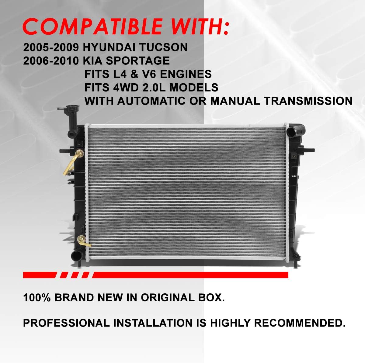 Auto Dynasty Radiator Compatible with 05-10 Tucson Sportage 4WD 2.0L, DPI 13074 Factory Style 1-Row Cooling Radiator, Aluminum Core