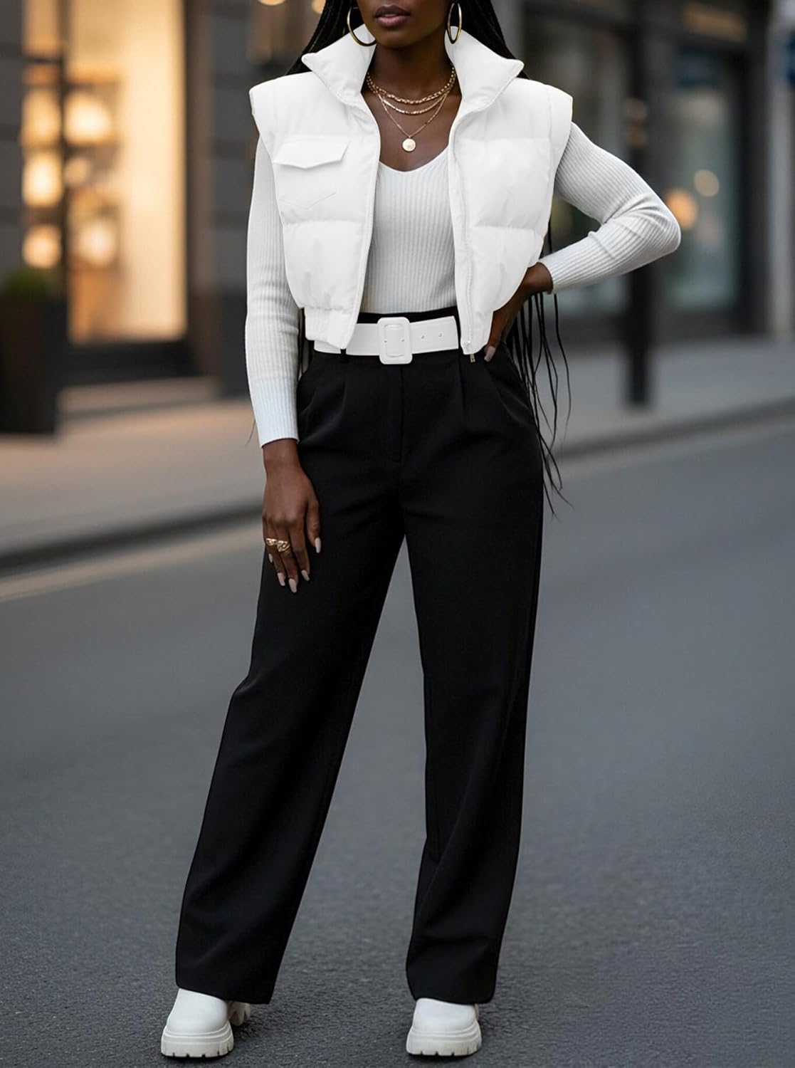 Ptorlio Puffer Vest Women Cropped Sleeveless Jacket Fall Winter Lightweight Stand Collar Zip Up Coat Outerwear - Image 3