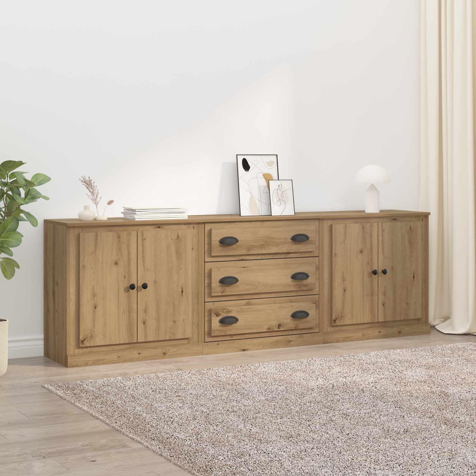 Buffet Lot de 3 Meuble Bas Chêne Artisanal 210 cm