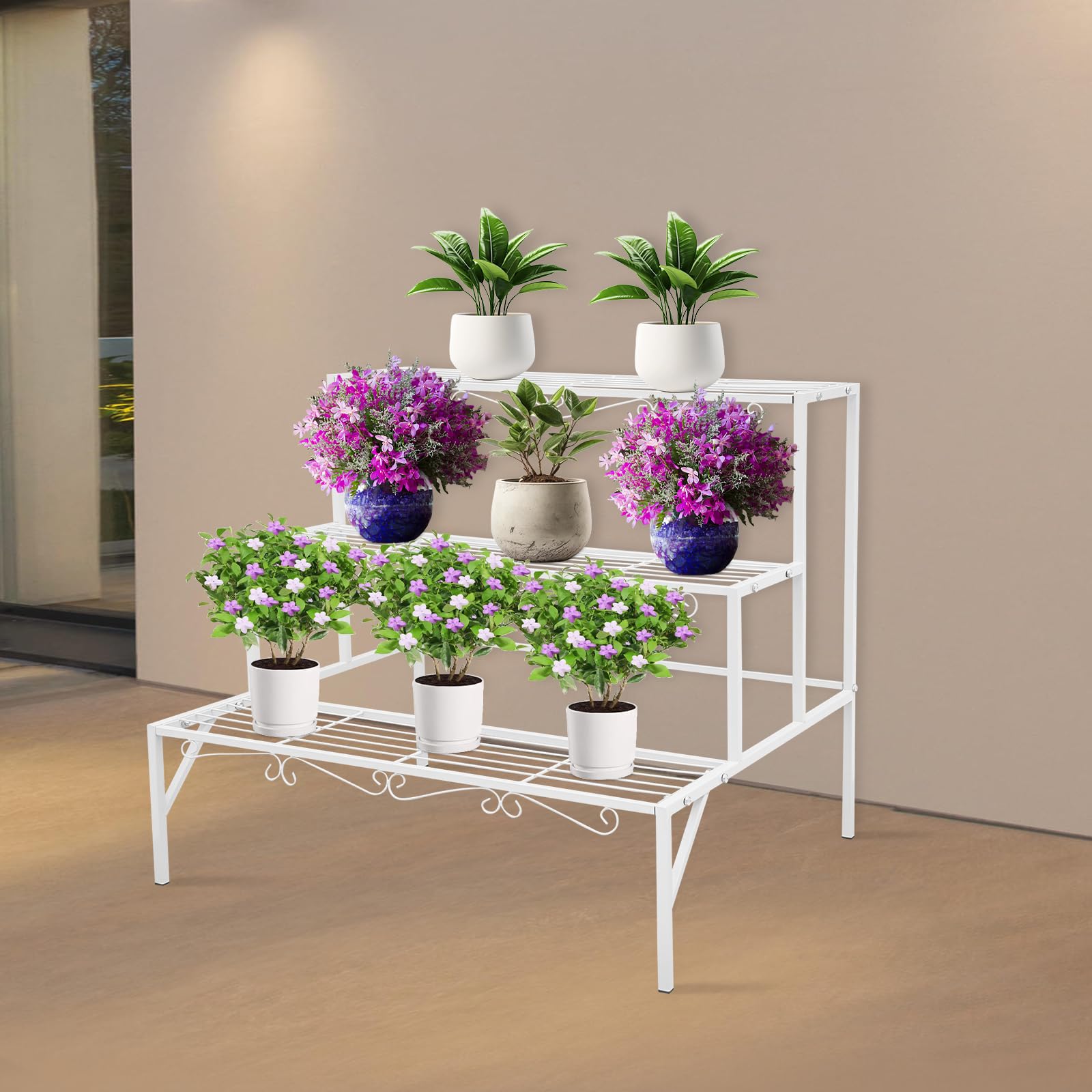 Blumentreppe 3-stufig, Pflanzenregal aus Metall, Pflanzenständer mit 3 Ebenen, Freistehender Blumenständer Pflanzentreppe für Outdoor Indoor, Balkon, Garten, 70x58x60 cm (Weiß)