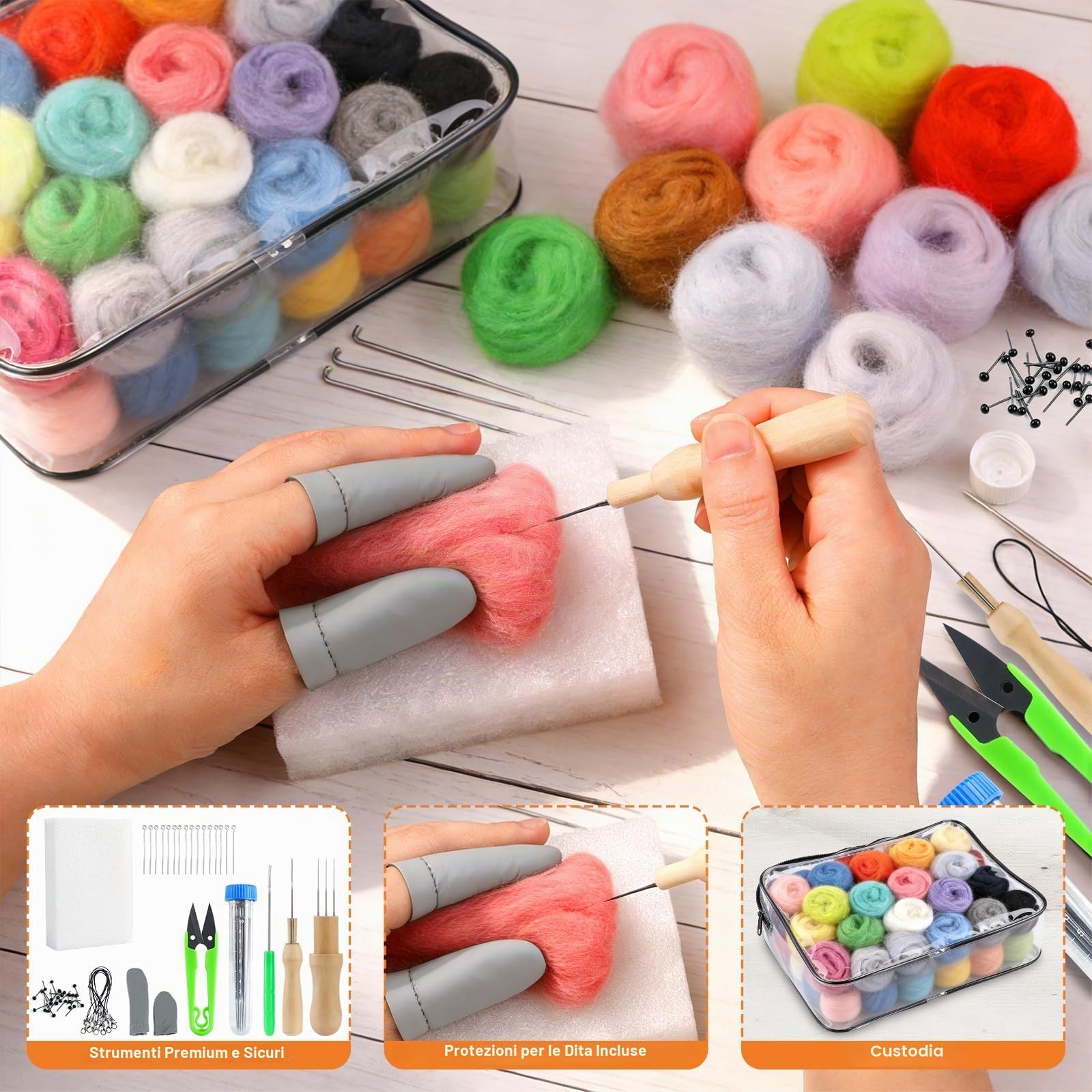 Set di Lana per Infeltrire 100 Colori,300g Lana Aghi & Strumenti | Strisce di Lana per Infeltrire per Infeltrimento a Secco e ad Umido,Adatto per Creazioni di Animali Fai da Te e Kit di Infelt