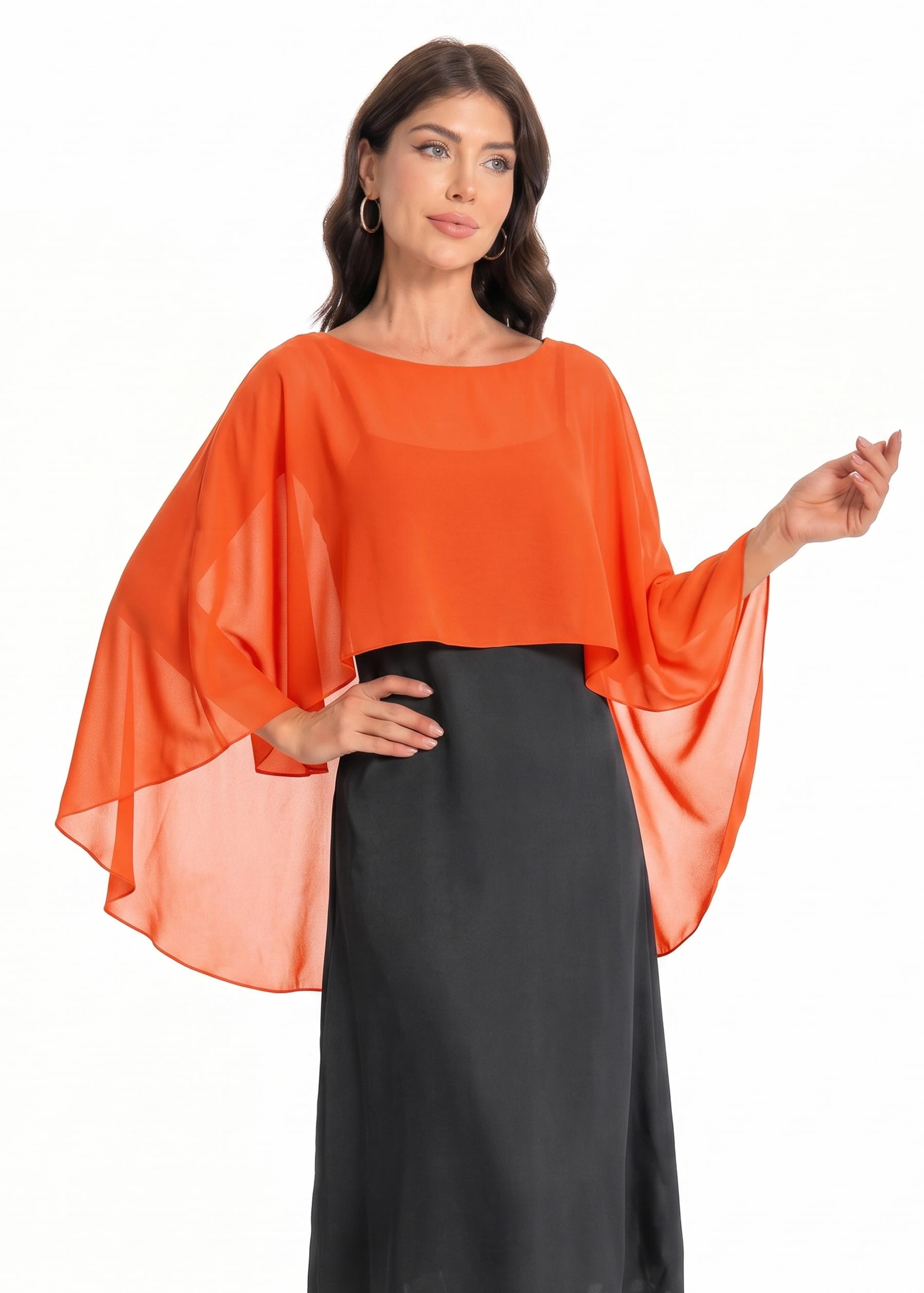 Wedding Capes Women's Bridal Soft Chiffon Shawl Long Evening Wraps For Special Occasion (Orange)