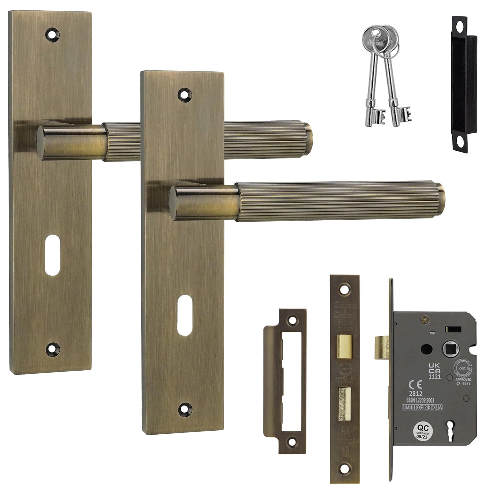 Decoranddecor Antique Brass Hera Keyhole Backplate Door Handle Set With 2.5In Fire-Rated Sash Lock & Keys – Secure Internal Lever Handles With Knurled Texture For Durable Classic Installations