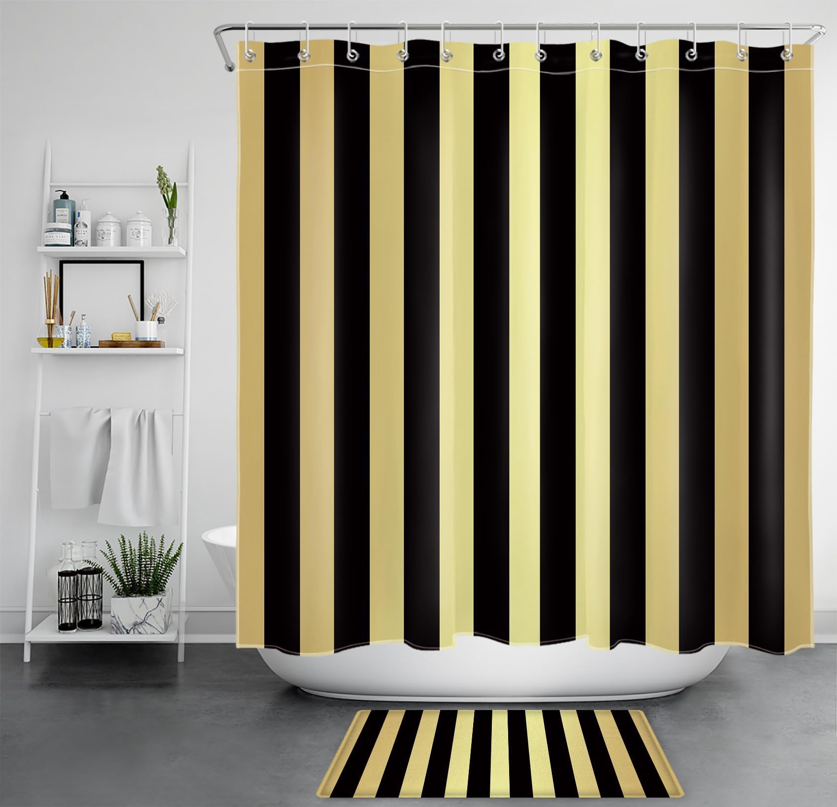 Rideau de Douche à Rayures Noires et dorées, Style Moderne, Abstrait et Minimaliste, Rayures Verticales dorées, Style Vintage, 240x200cm(LxH)