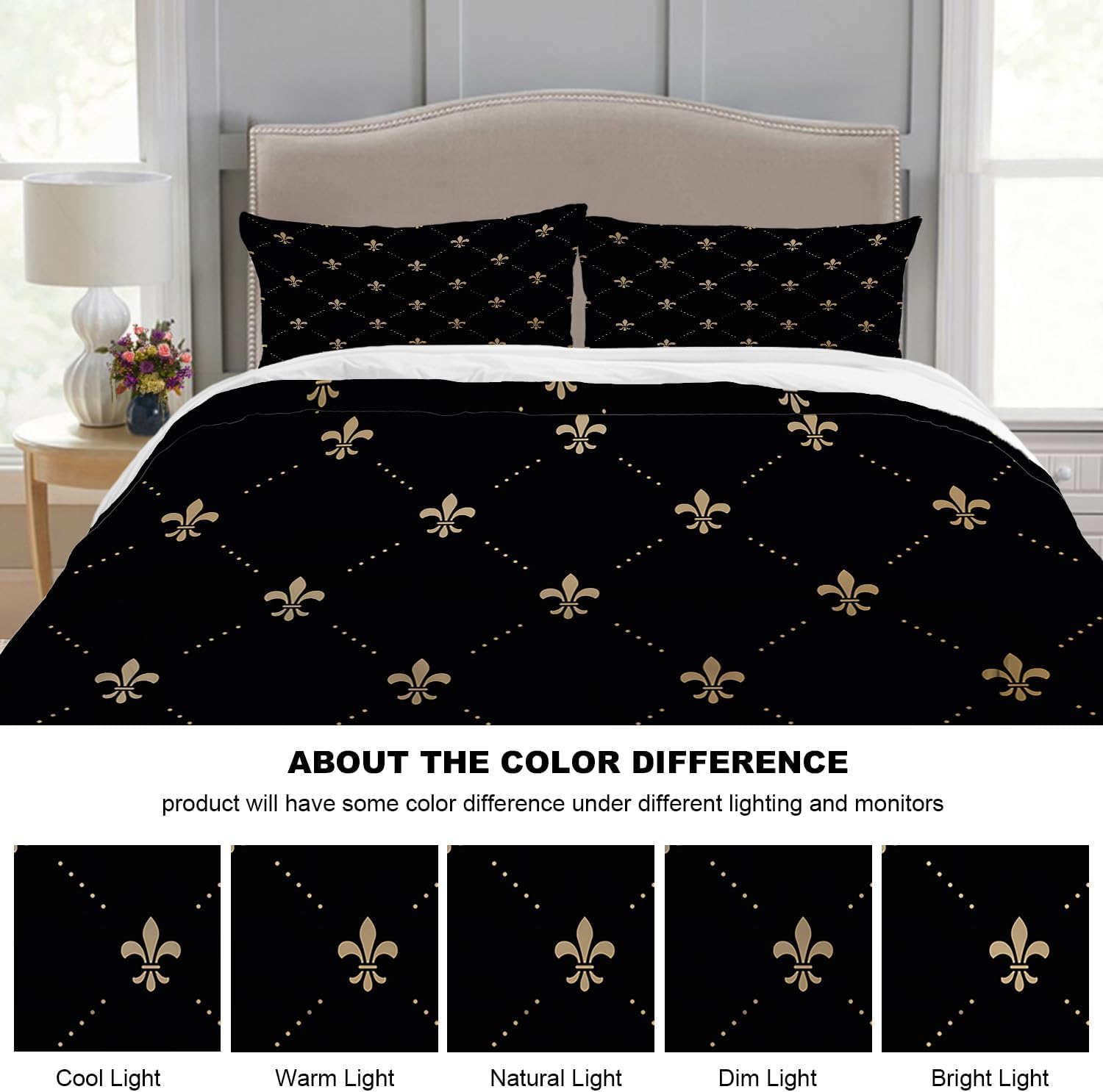 Batmerry Black French Fleur De Lis Queen Size 3 Pieces Bedding Duvet Cover Sets,Soft Fluffy Golden Pastoral Flowers Pattern Printed Duvet Cover for All Season