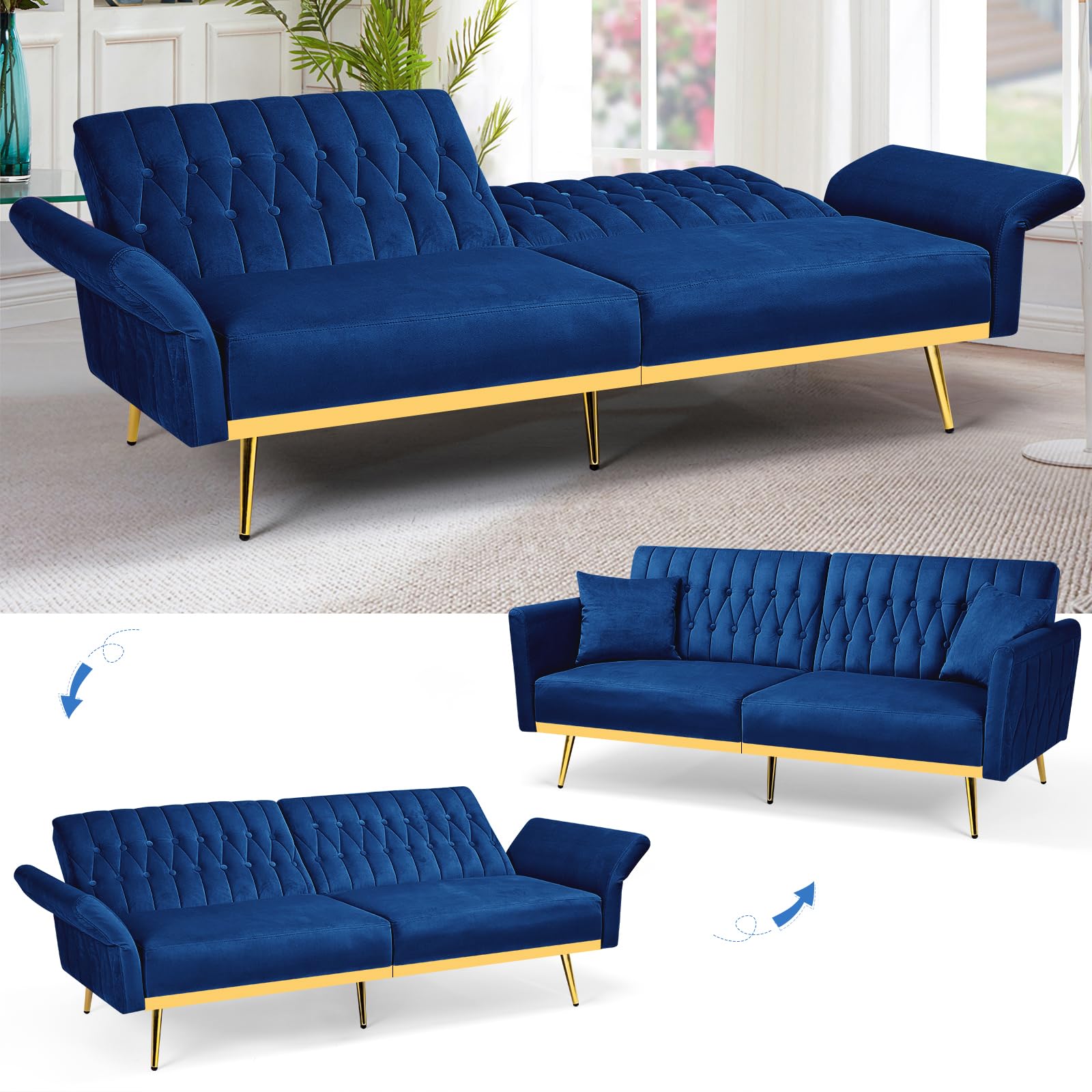 70” Velvet Futon Sofa Bed w/Adjustable Armrests, Blue | Convertible Sleeper Bed w/Adjustable Backrests, Modern Loveseat Couch w/Two Pillows for Living Room, Bedroom