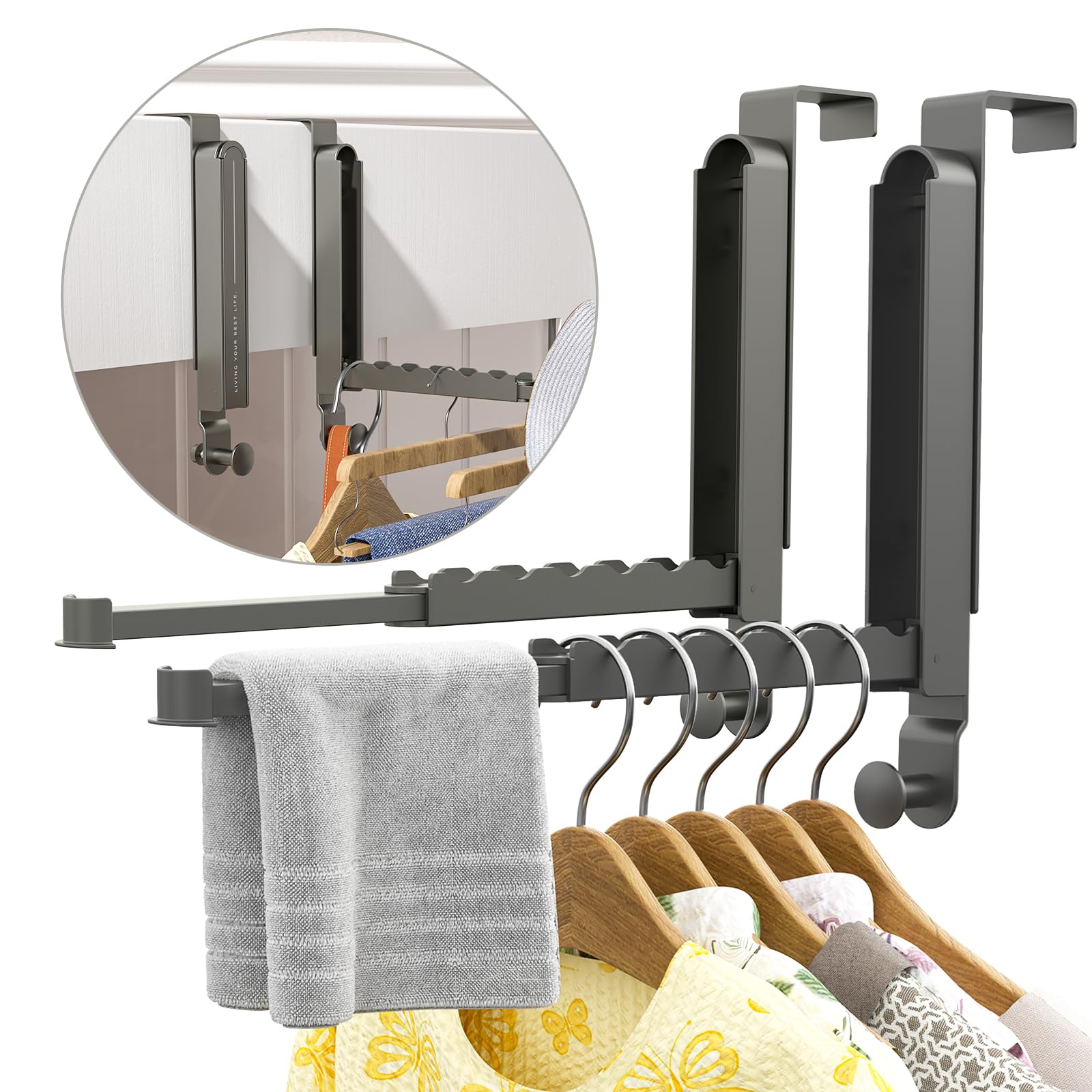 Cuisibot 2Pcs Gray 2Pack Over The Door Drying Rack, Foldable Over Door Hooks Hanger Laundry Hanging Coat Rack With 6 Groves, Space-Saving Over Door Organizer For Clothes, Coats, Hats, Bags, Towels (2Pcs Gray)
