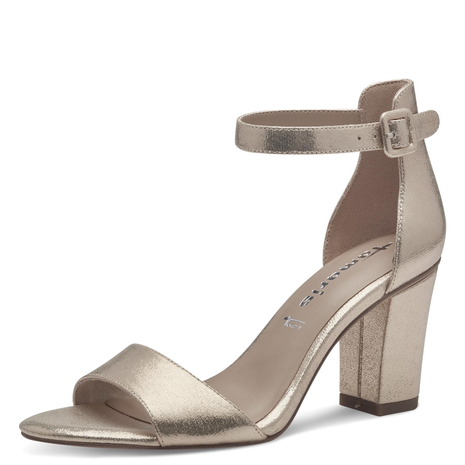 Tamaris Damen Sandalen mit Absatz Textil Vegan Blockabsatz Sommer; CHAMPAGNE METALLIC/beige; 40