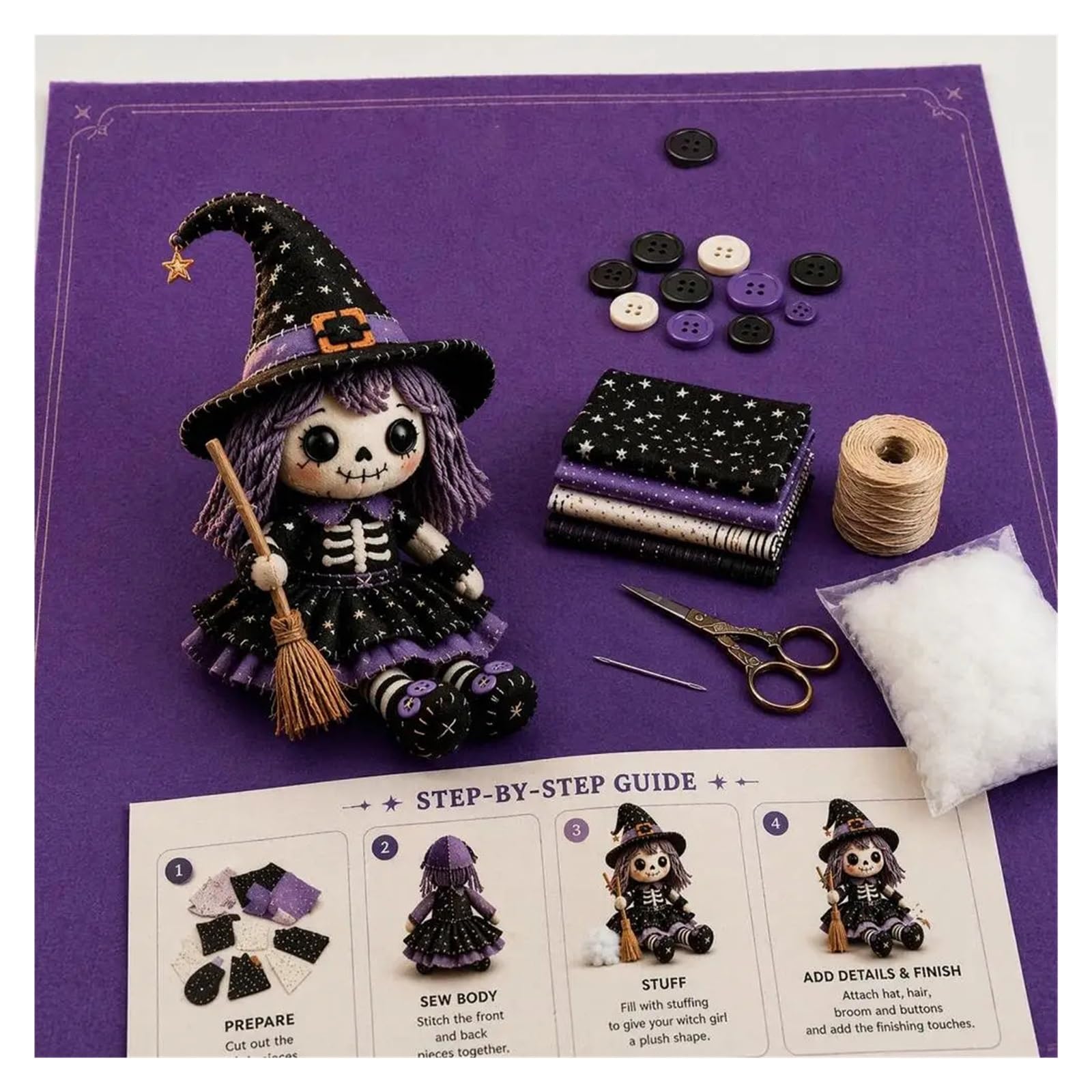 Avoltre kit patchwork fai da te Kit patchwork scheletro strega | Kit fai da te for bambola scheletro gotico(G)