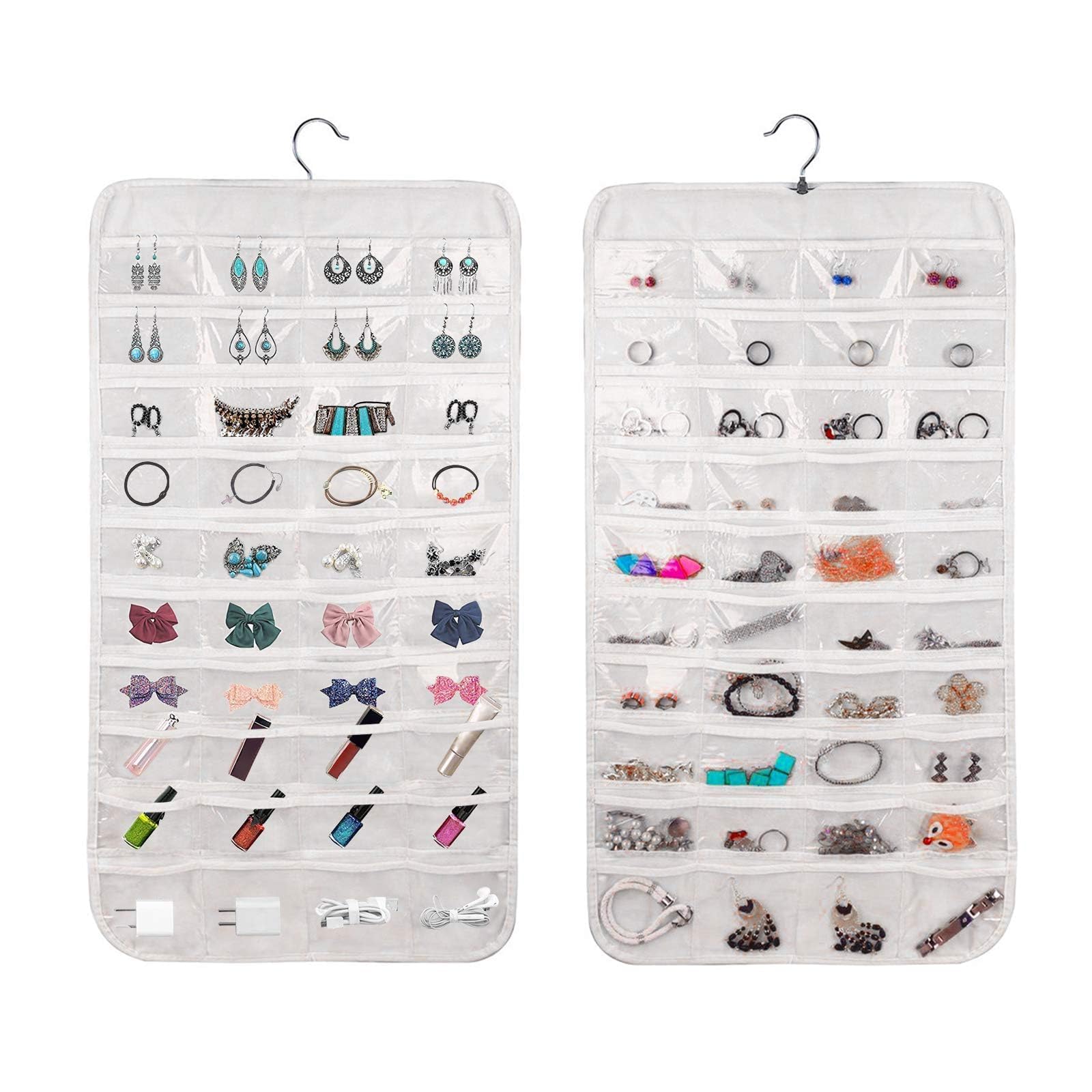 Dewocke Hängender Schmuck Organizer Rosa - Doppelseitige Reise Schmuckrolle Für Ohrringe & Ketten