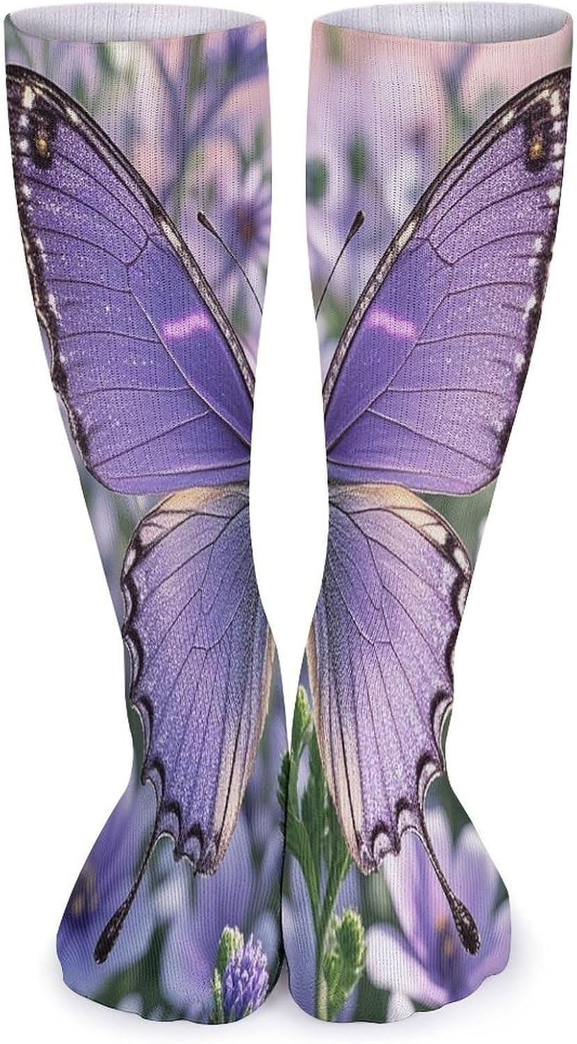 Lovely Purple Butterfly Crew Socks Cozy Casual Calf Socks Lightweight Long Work Sock Breathable Athletic Sock for Hiking Sports Running 5 Pairs